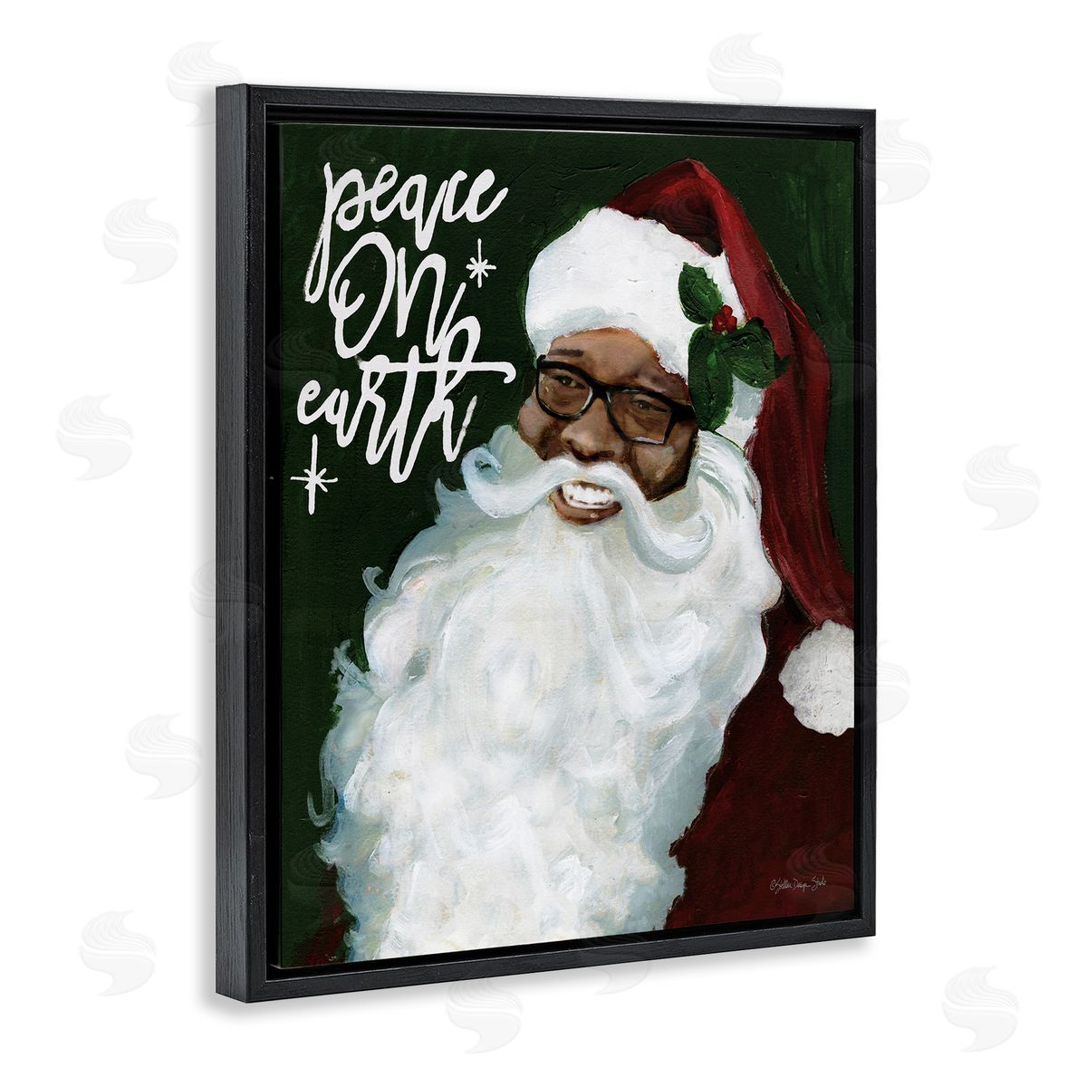 Peace On Earth Santa Black Floating Frame Canvas Wall Art, Home Decor by Stellar Studio