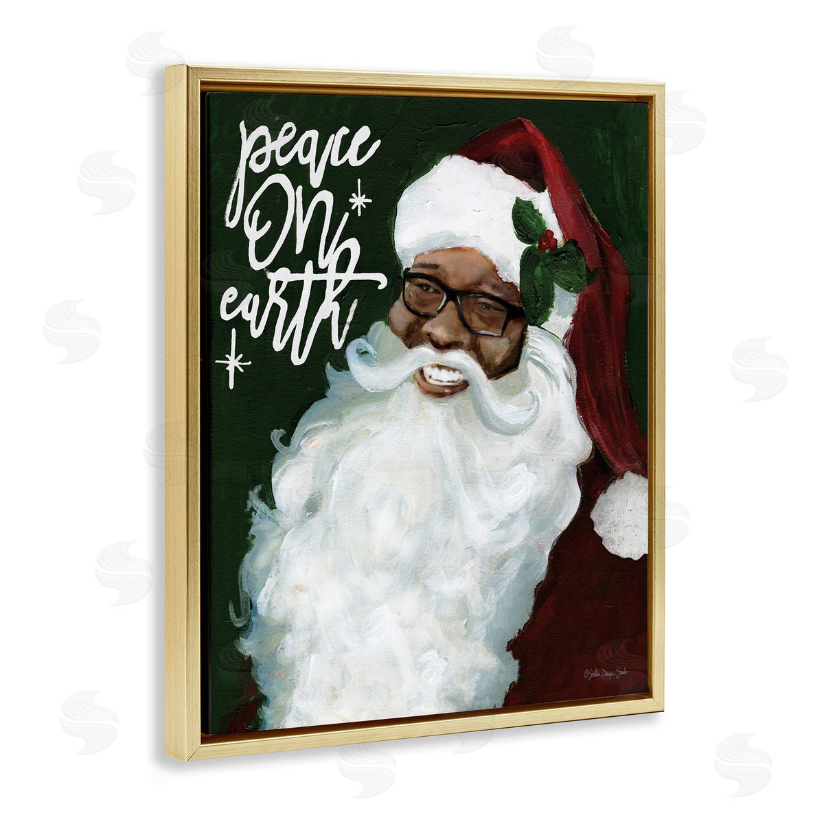 Peace On Earth Santa Gold Floating Frame Canvas Wall Art, Home Decor by Stellar Studio