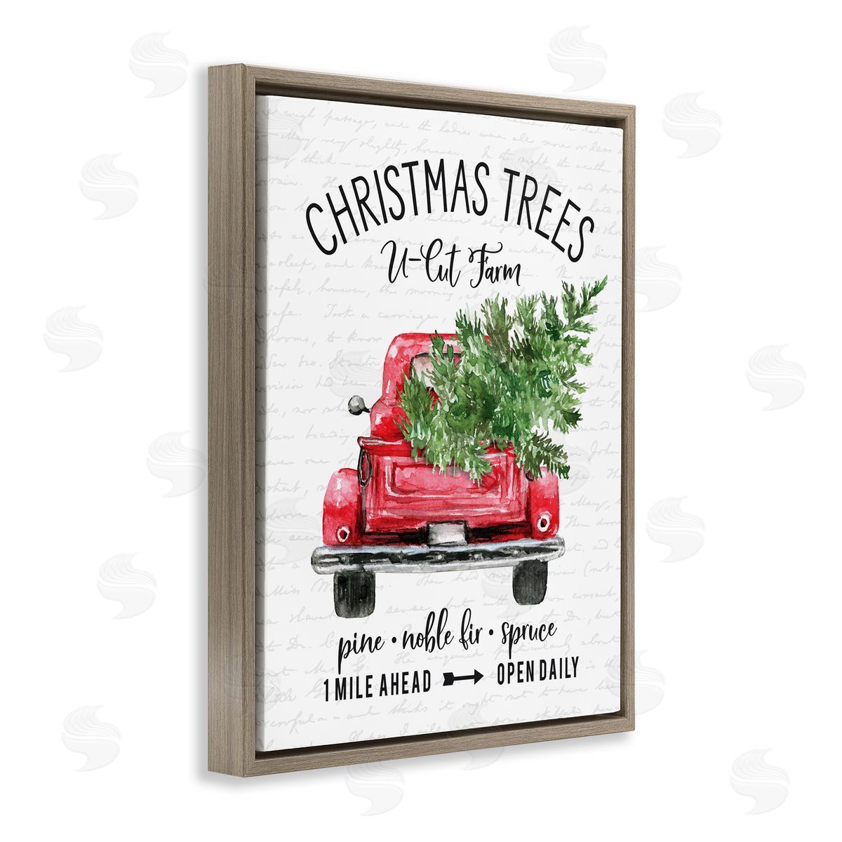 Christmas Trees Red Truck Brown Floating Frame Canvas Wall Art, Home Decor by Lettered and Lined