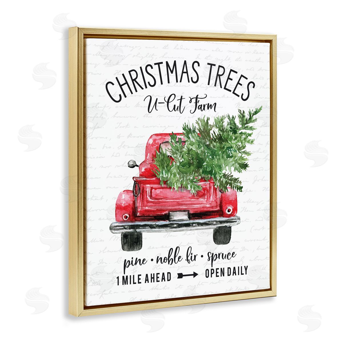 Christmas Trees Red Truck Gold Floating Frame Canvas Wall Art, Home Decor by Lettered and Lined