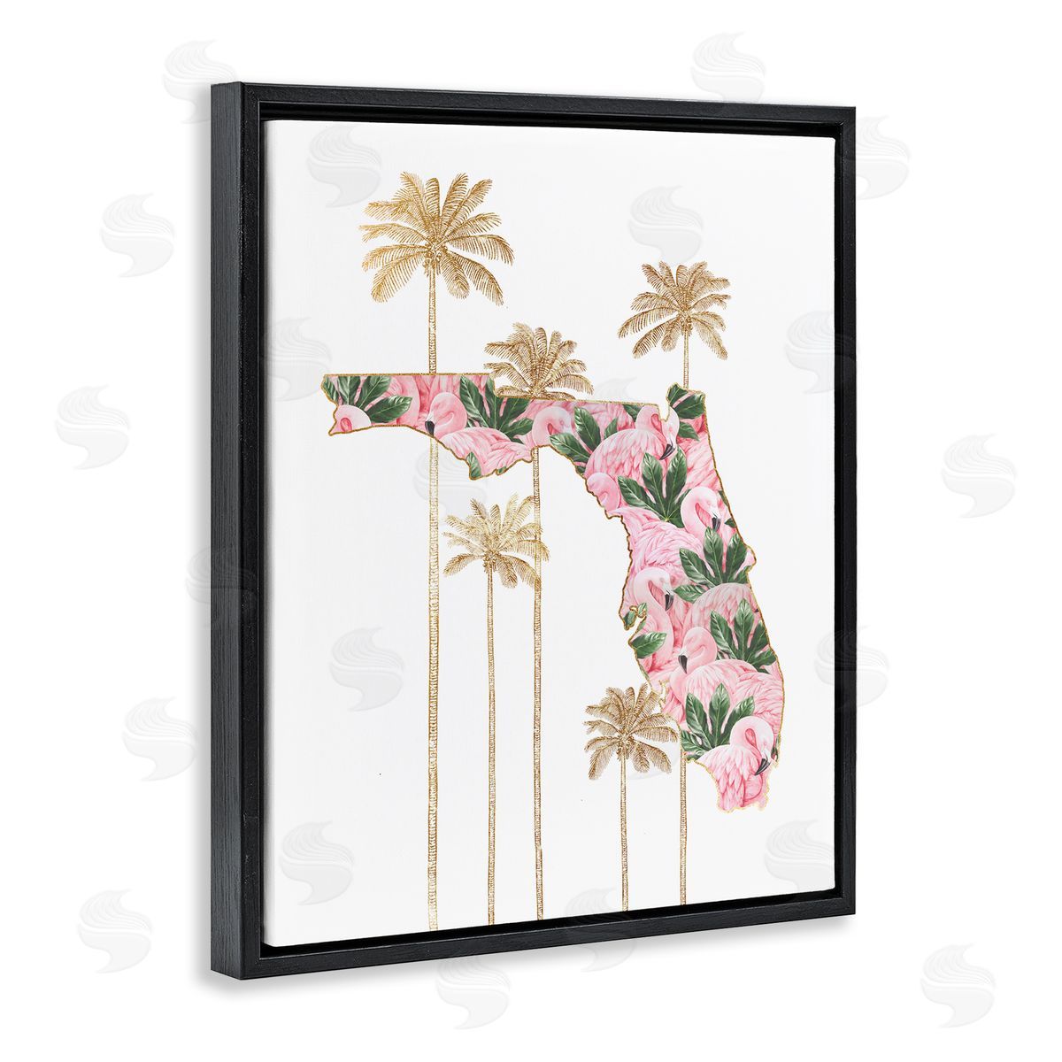 Florida State Flamingo Pattern Black Floating Frame Canvas Wall Art, Home Decor by Ziwei Li