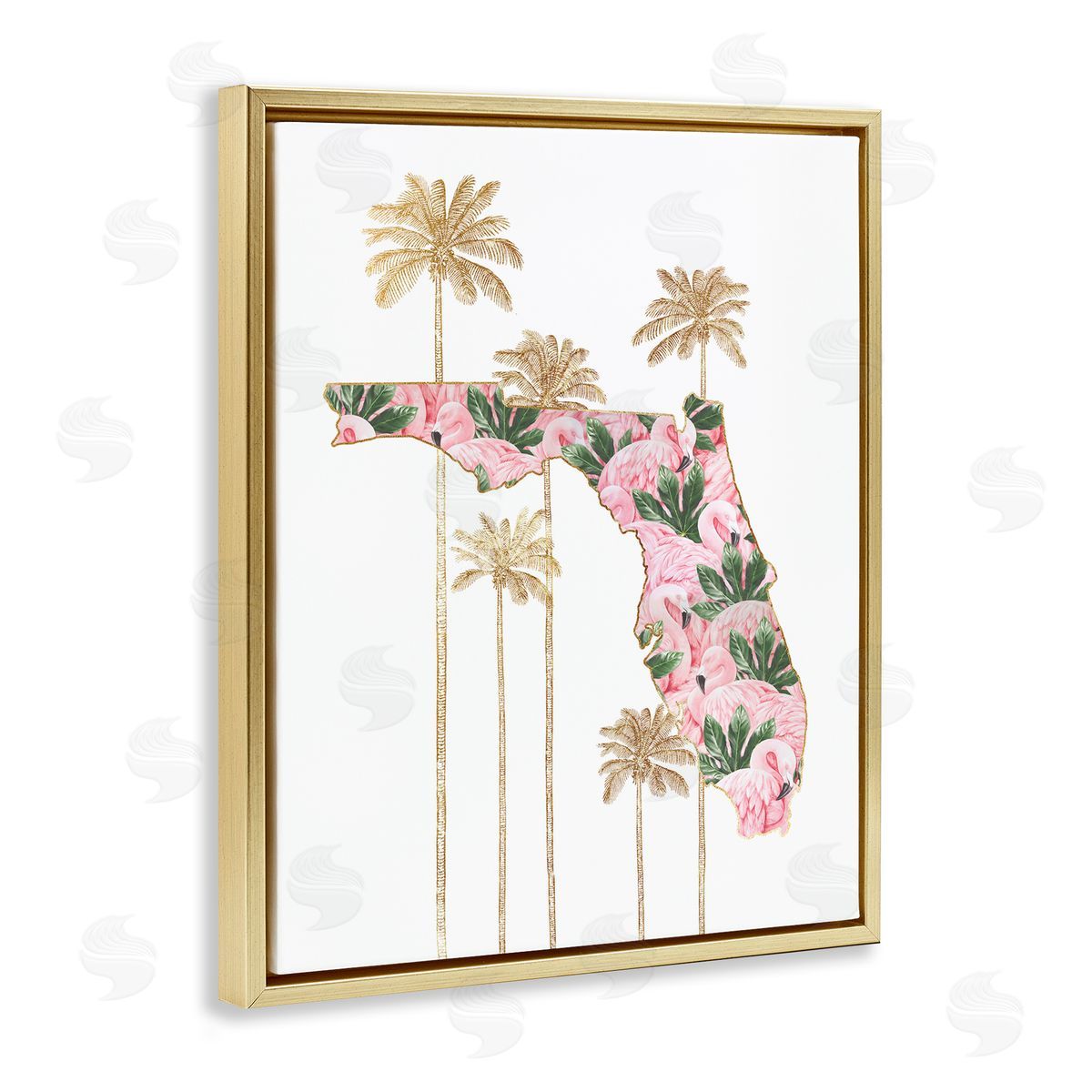 Florida State Flamingo Pattern Gold Floating Frame Canvas Wall Art, Home Decor by Ziwei Li