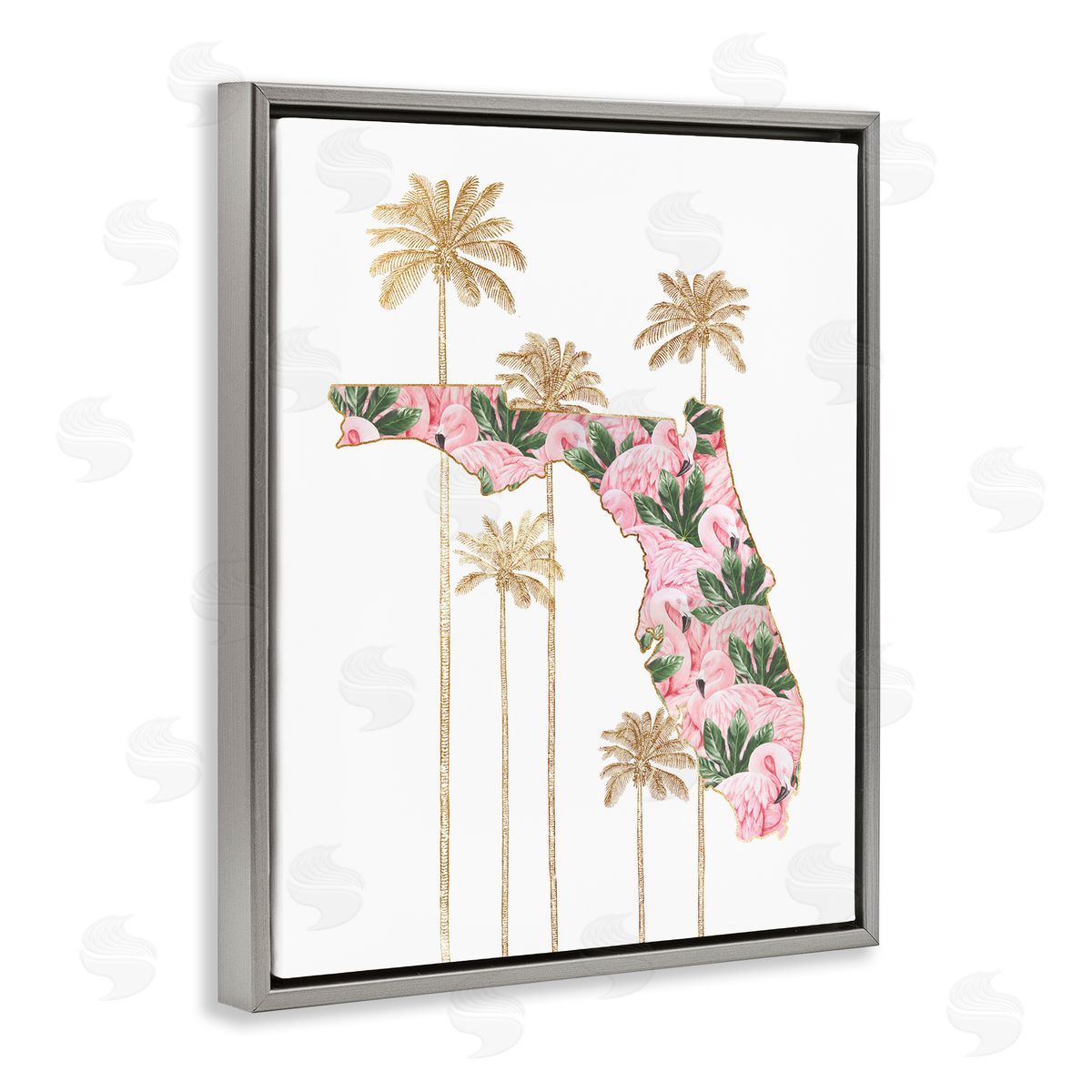 Florida State Flamingo Pattern Grey Floating Frame Canvas Wall Art, Home Decor by Ziwei Li