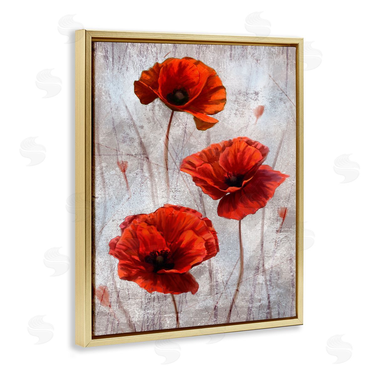 Red Poppies over Grey Gold Floating Frame Canvas Wall Art, Home Decor by Ziwei Li