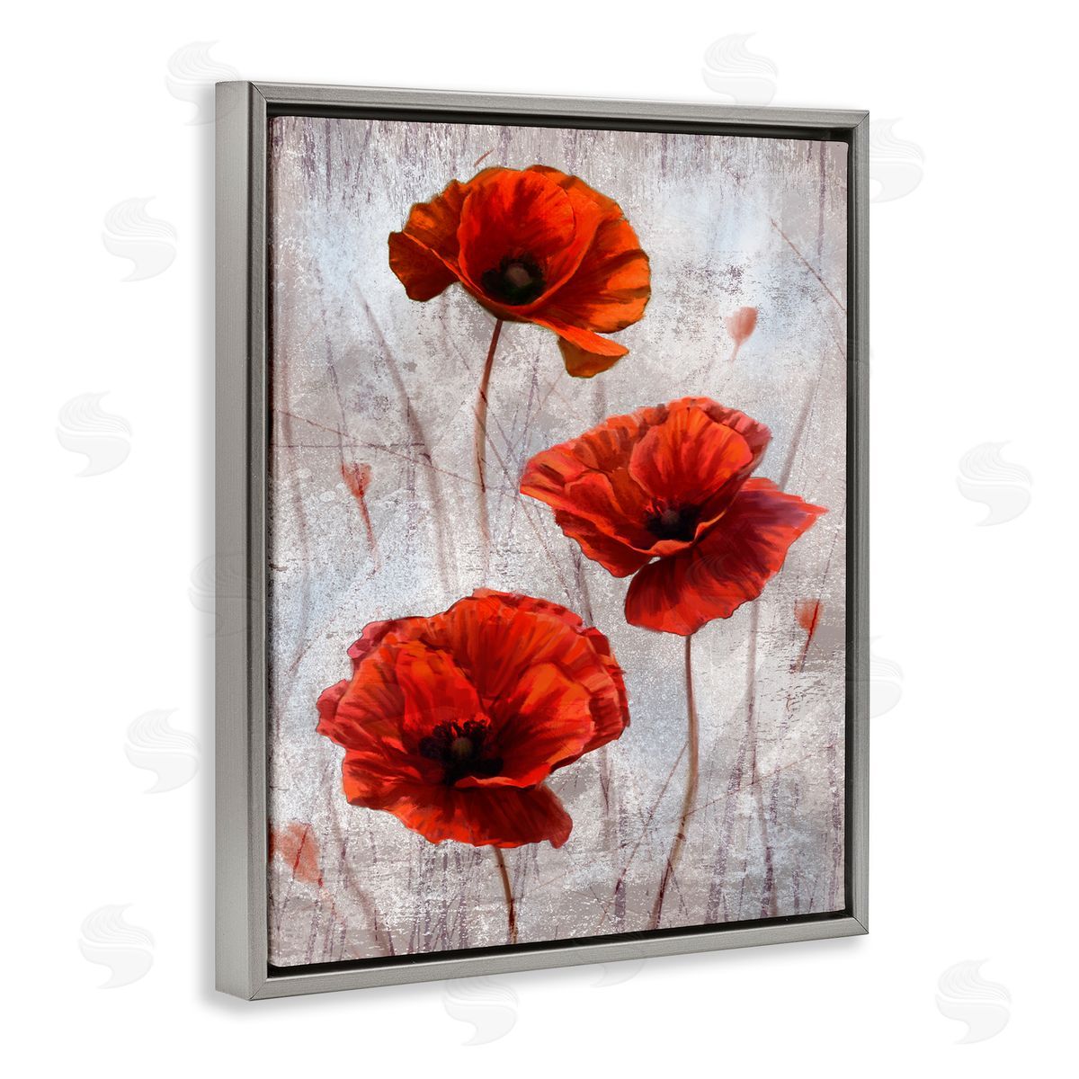 Red Poppies over Grey Grey Floating Frame Canvas Wall Art, Home Decor by Ziwei Li