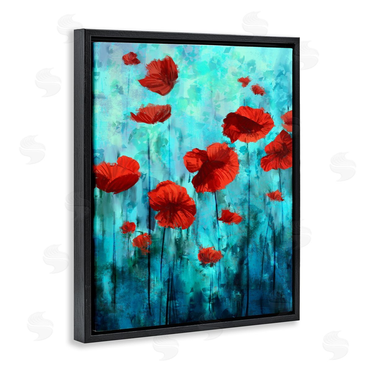 Red Poppies over Blue Black Floating Frame Canvas Wall Art, Home Decor by Ziwei Li