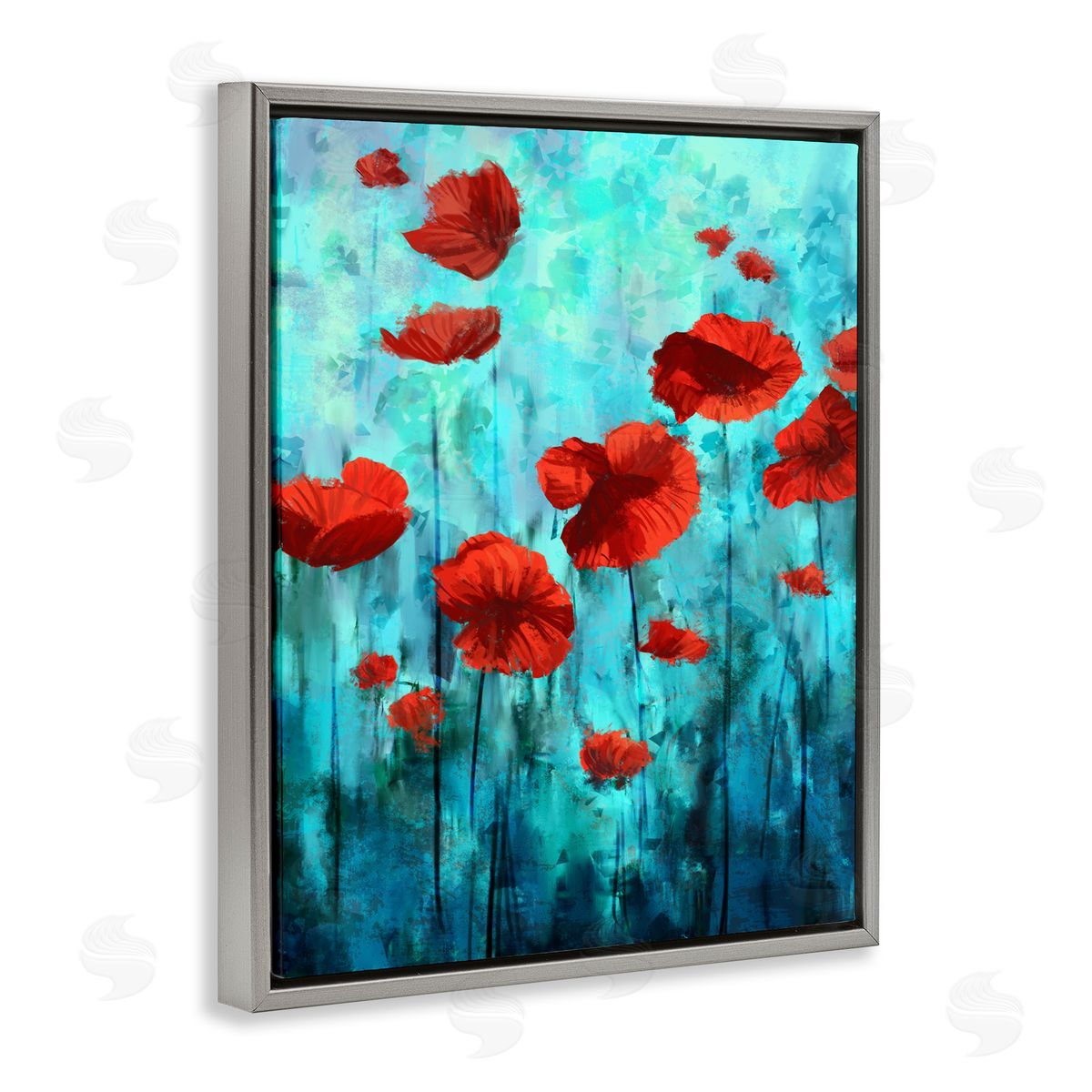 Red Poppies over Blue Grey Floating Frame Canvas Wall Art, Home Decor by Ziwei Li