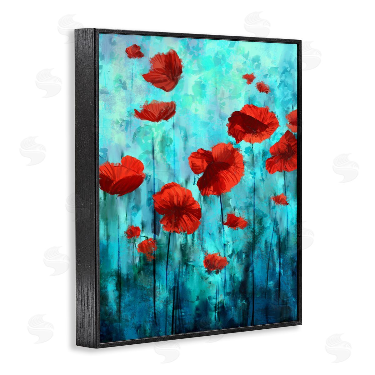 Red Poppies over Blue Black Frame Print Wall Art, Home Decor by Ziwei Li