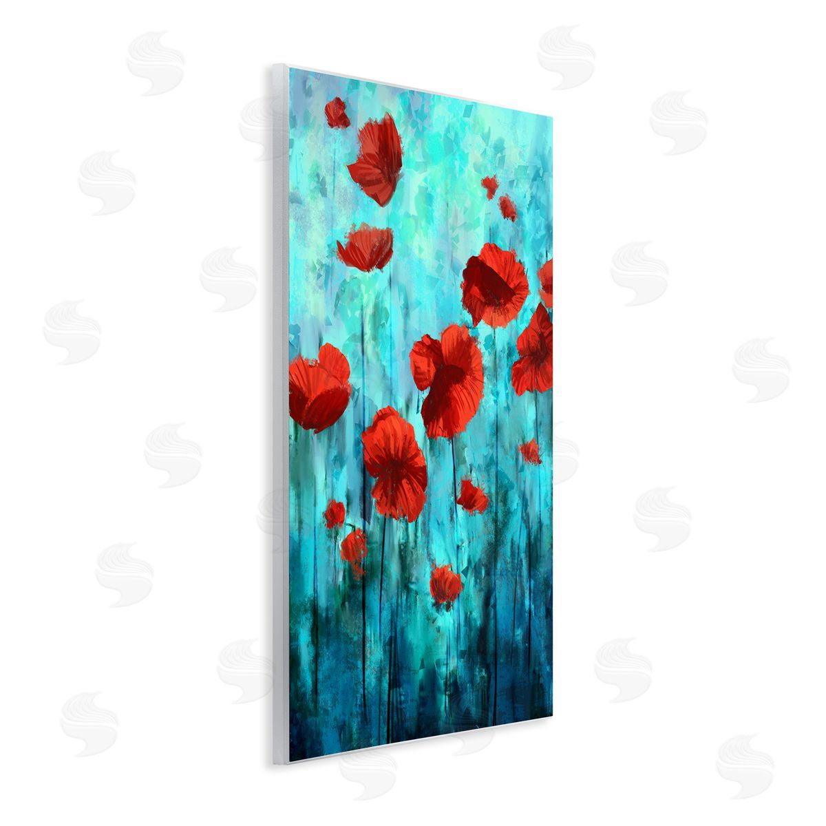 Red Poppies over Blue Wood Plaque Wall Art, Home Decor by Ziwei Li