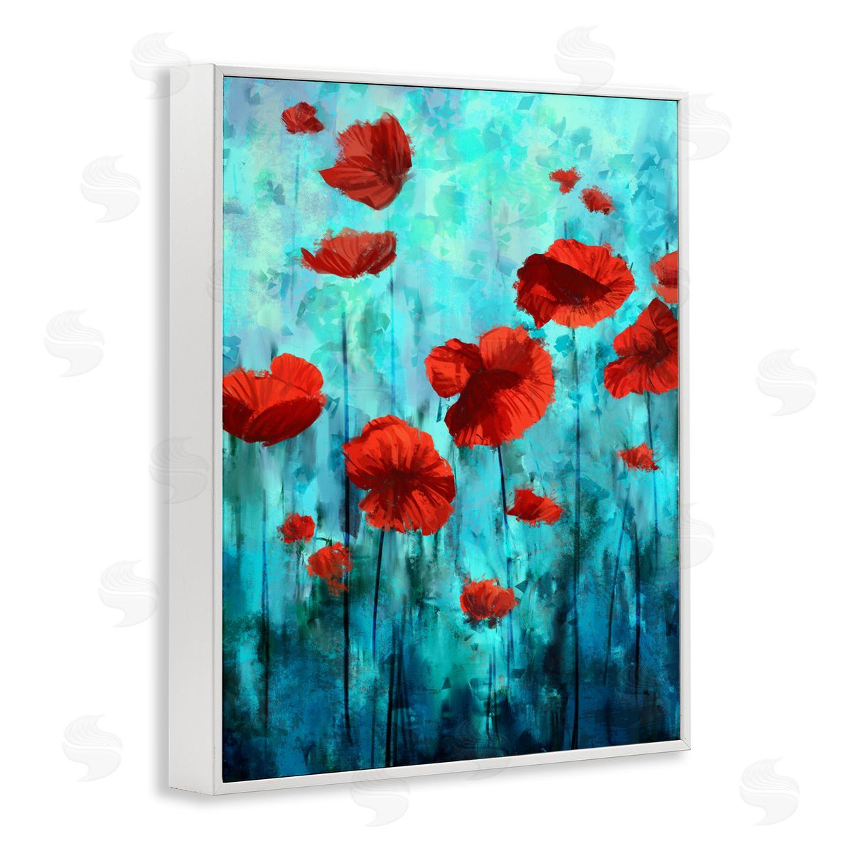 Red Poppies over Blue White Frame Print Wall Art, Home Decor by Ziwei Li