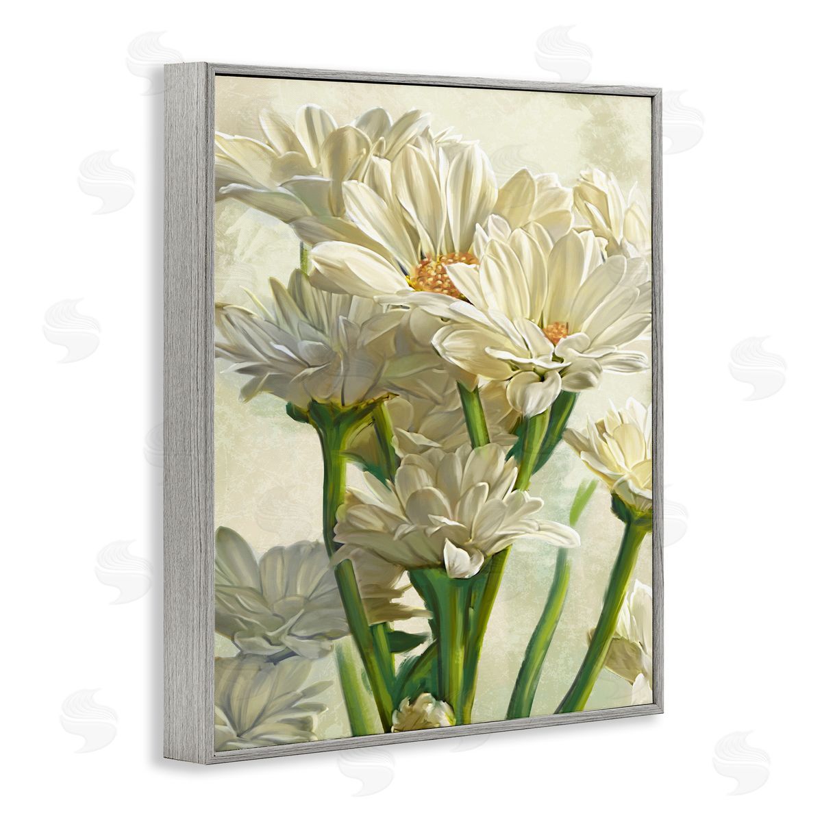 White Daisy Spring Florals Grey Frame Print Wall Art, Home Decor by Ziwei Li