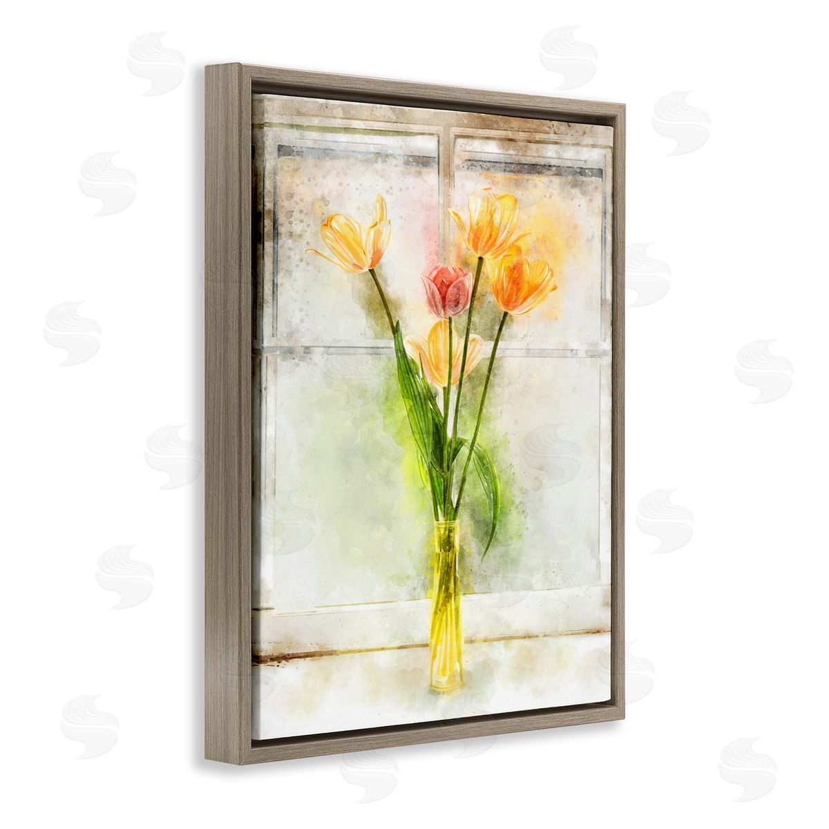 Tulip Vase in Window Sill Brown Floating Frame Canvas Wall Art, Home Decor by Ziwei Li