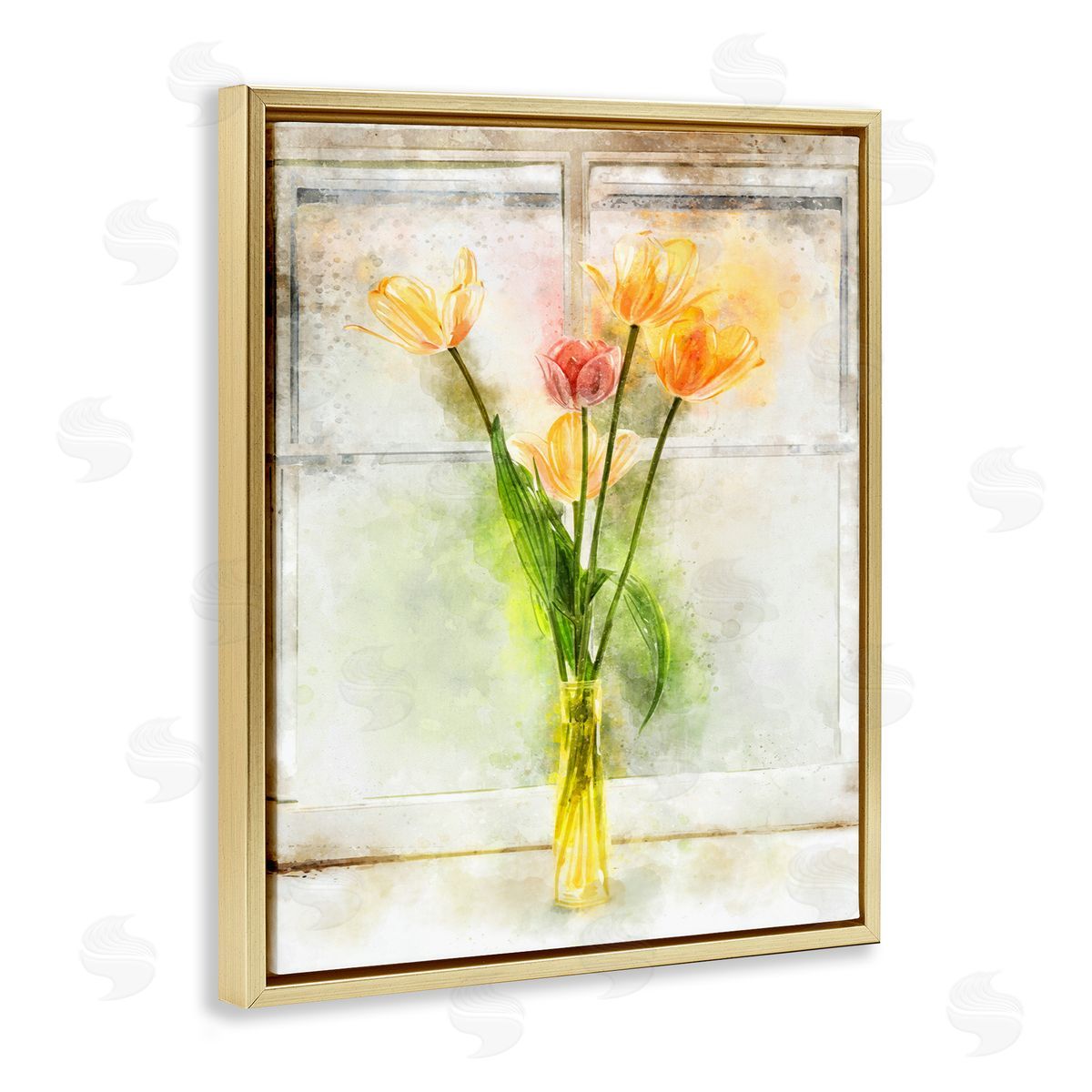 Tulip Vase in Window Sill Gold Floating Frame Canvas Wall Art, Home Decor by Ziwei Li