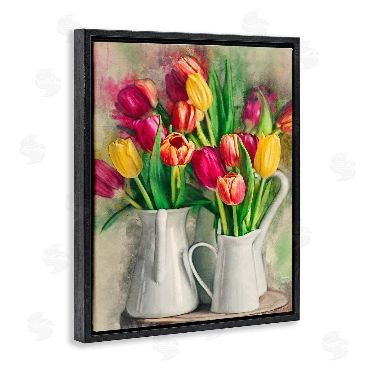 Colorful Tulips in Pitchers Black Floating Frame Canvas Wall Art, Home Decor by Ziwei Li