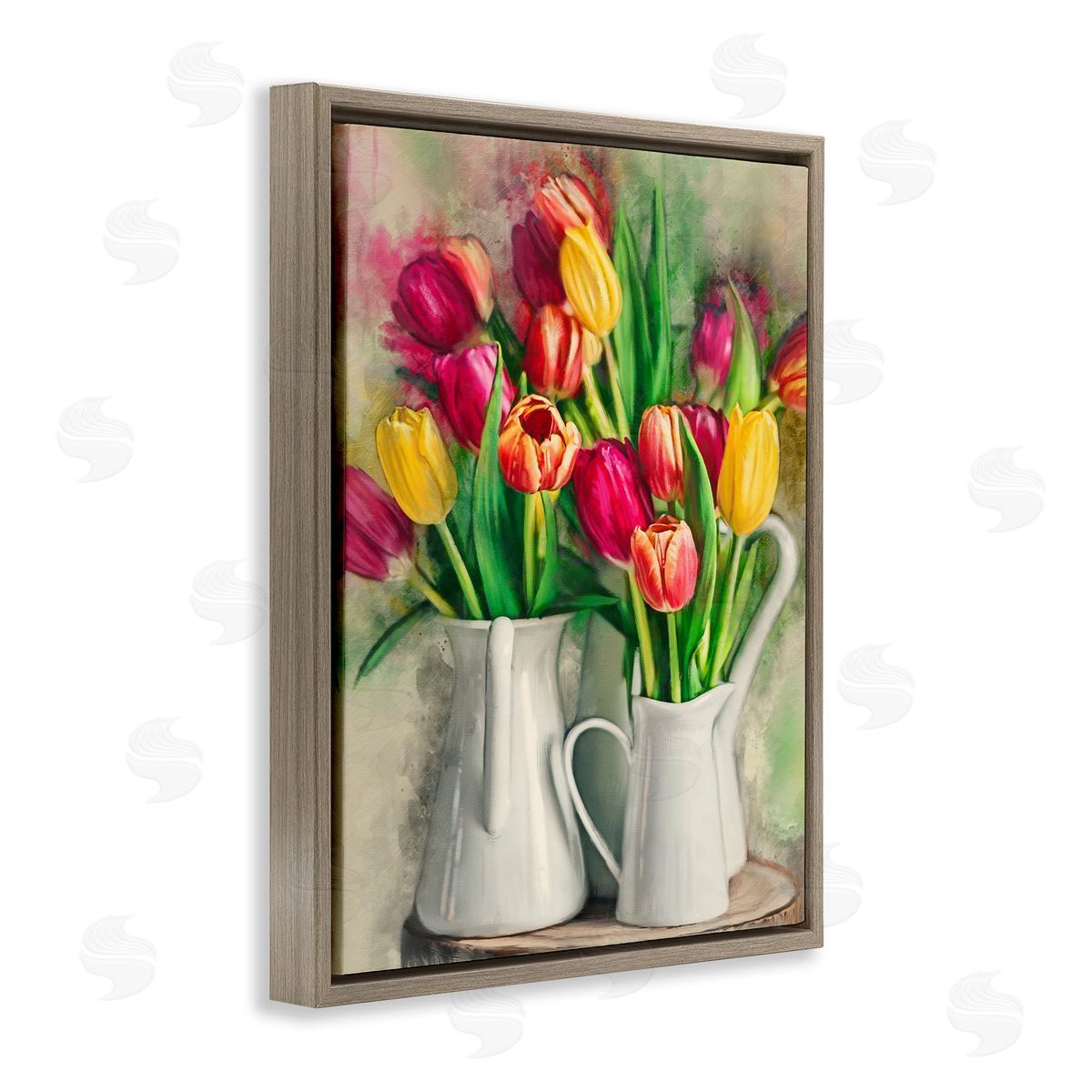 Colorful Tulips in Pitchers Brown Floating Frame Canvas Wall Art, Home Decor by Ziwei Li