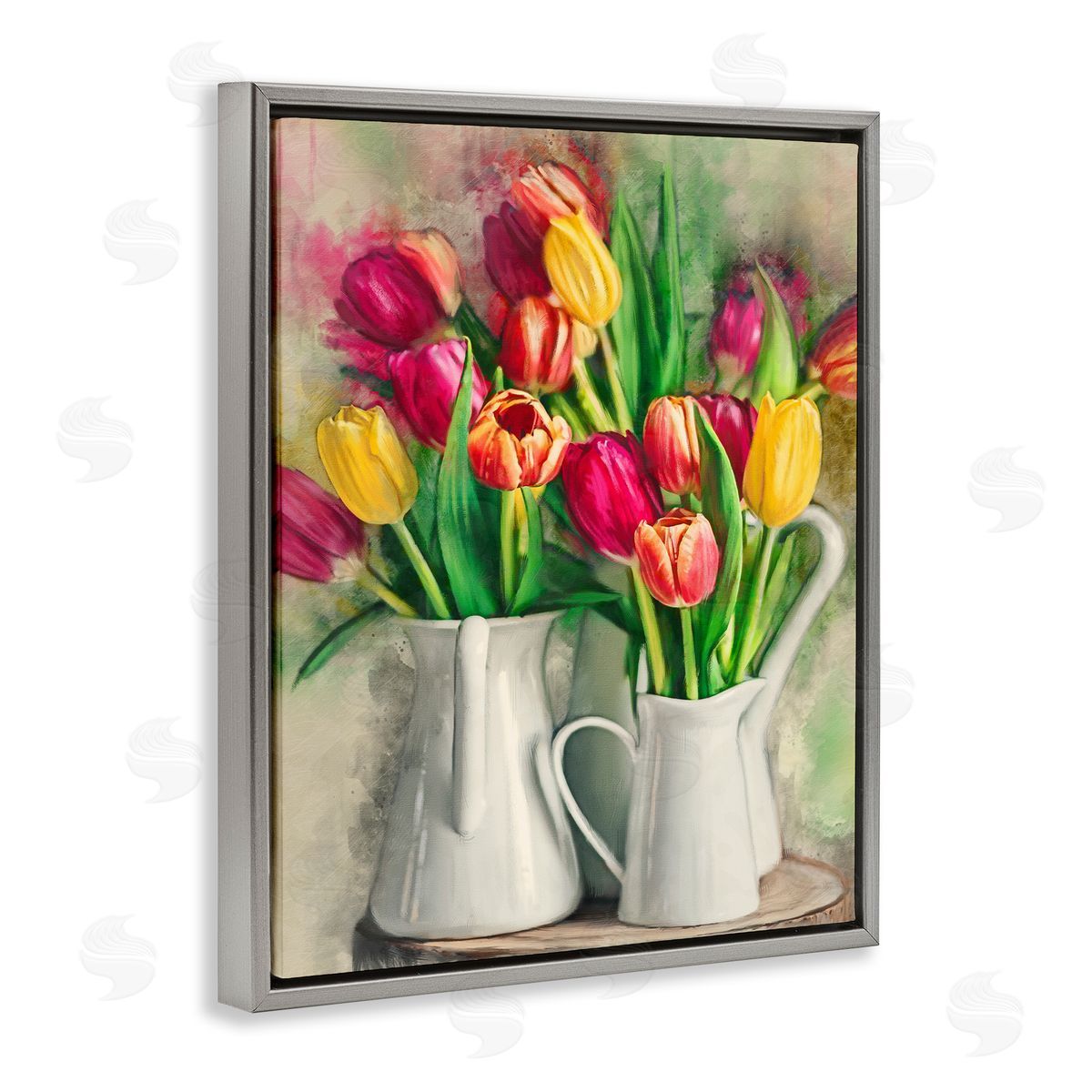 Colorful Tulips in Pitchers Grey Floating Frame Canvas Wall Art, Home Decor by Ziwei Li