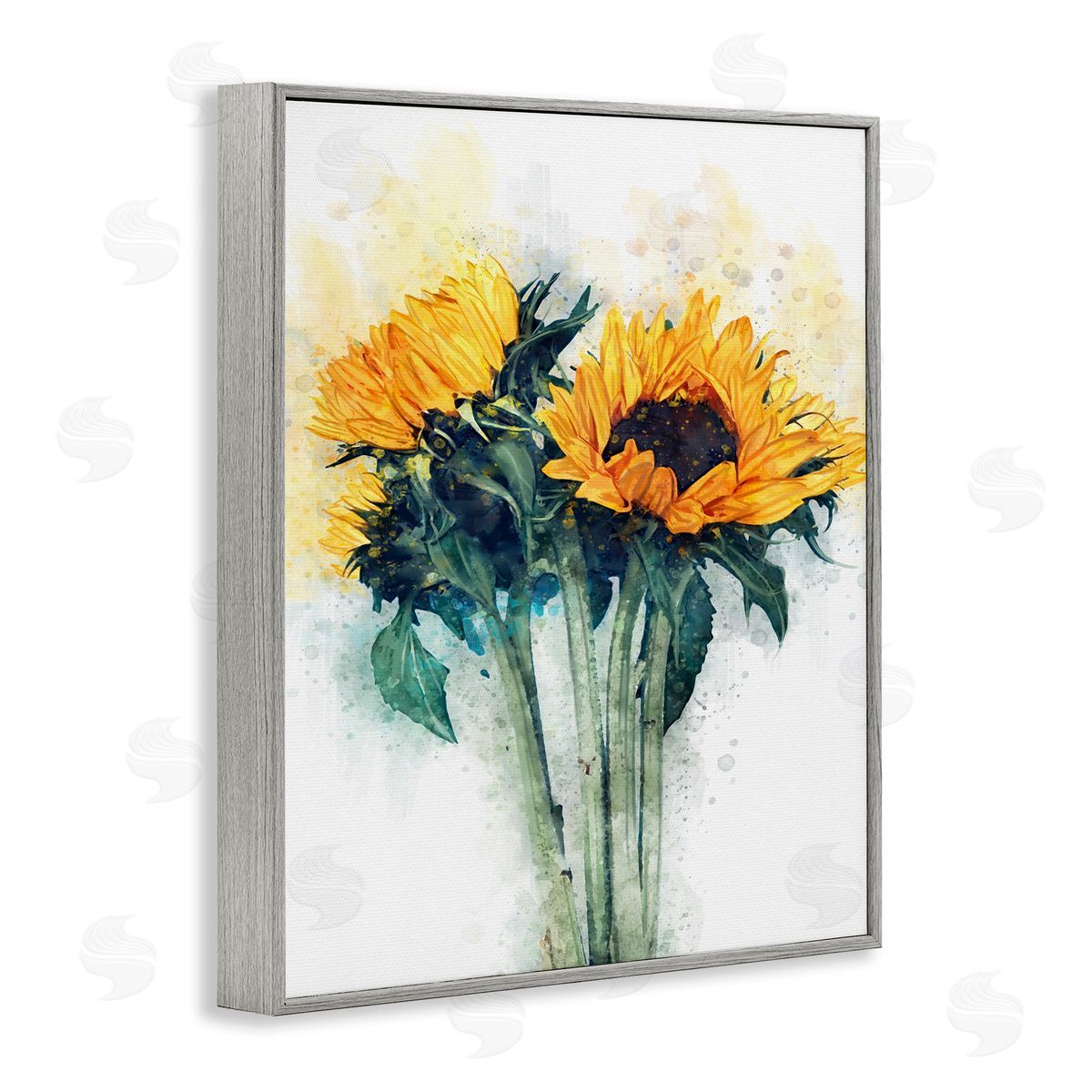 Sunflower with Watercolor Accent Grey Frame Print Wall Art, Home Decor by Ziwei Li