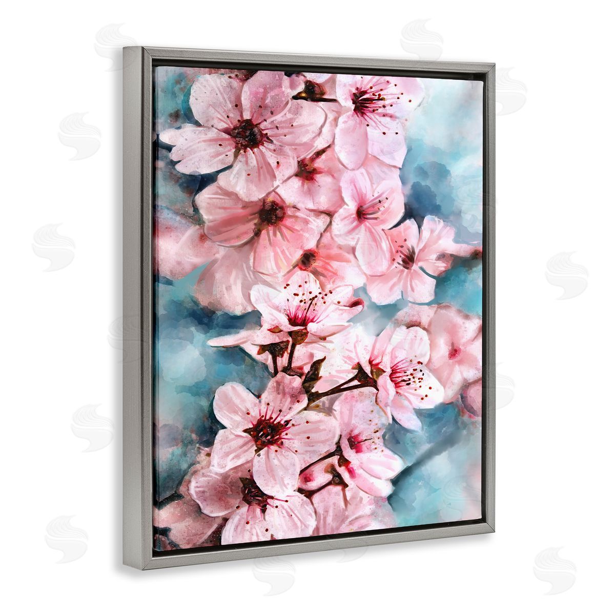 Cherry Blossom Tree Watercolor Grey Floating Frame Canvas Wall Art, Home Decor by Ziwei Li