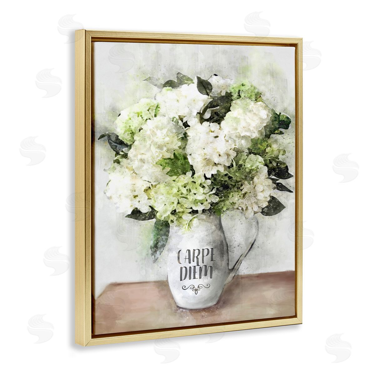 Carpe Diem White Hydrangeas Gold Floating Frame Canvas Wall Art, Home Decor by Ziwei Li