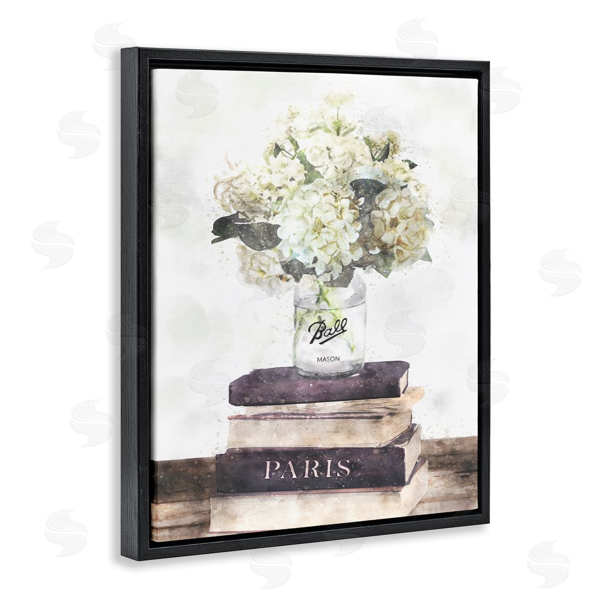 White Florals on Bookstack Black Floating Frame Canvas Wall Art, Home Decor by Ziwei Li