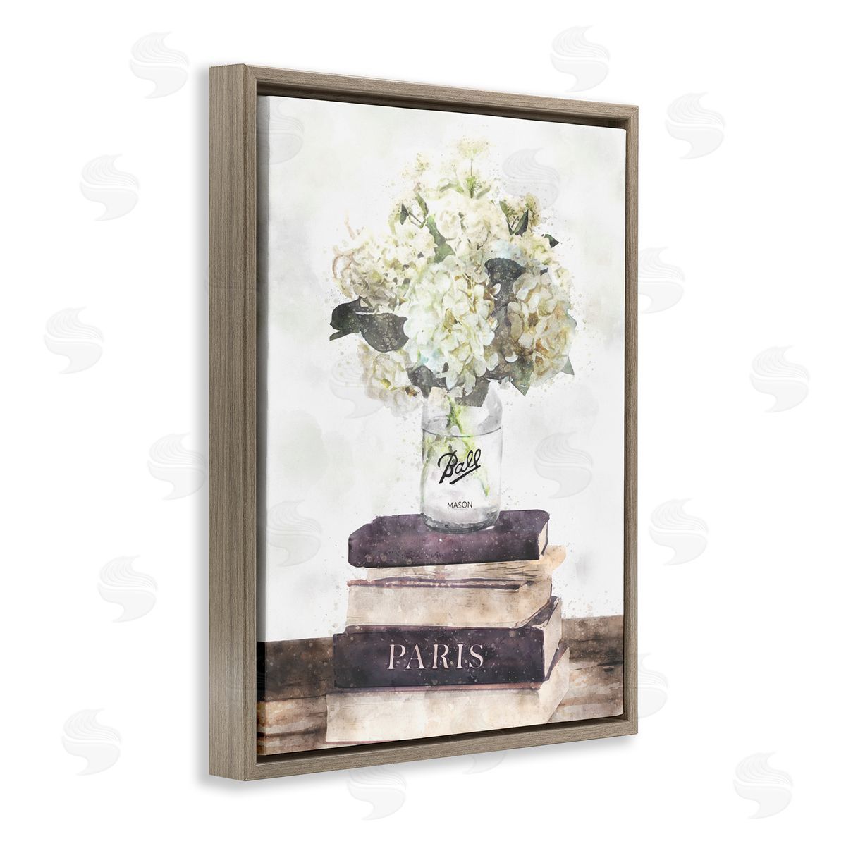 White Florals on Bookstack Brown Floating Frame Canvas Wall Art, Home Decor by Ziwei Li