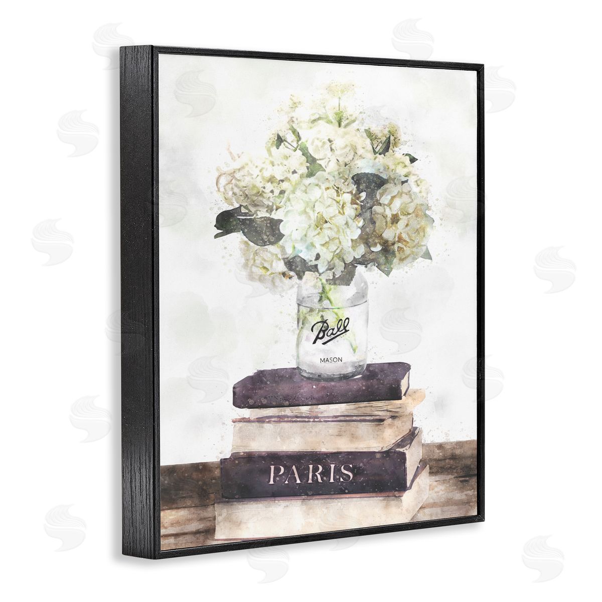 White Florals on Bookstack Black Frame Print Wall Art, Home Decor by Ziwei Li
