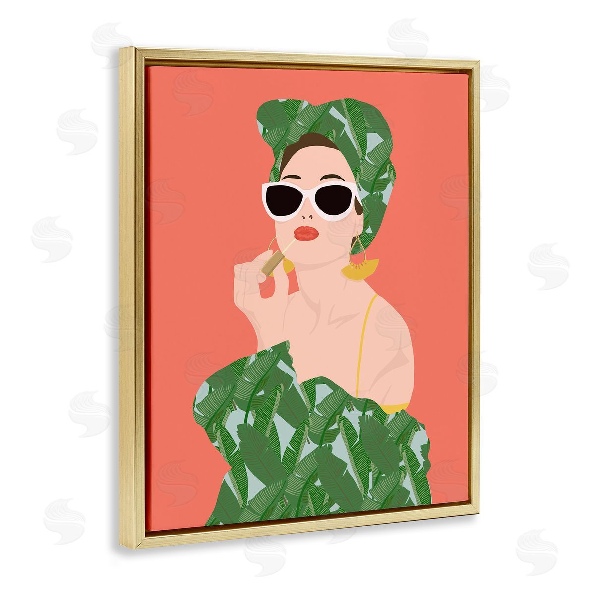 Woman in Tropical Fashion Gold Floating Frame Canvas Wall Art, Home Decor by Jen Bucheli