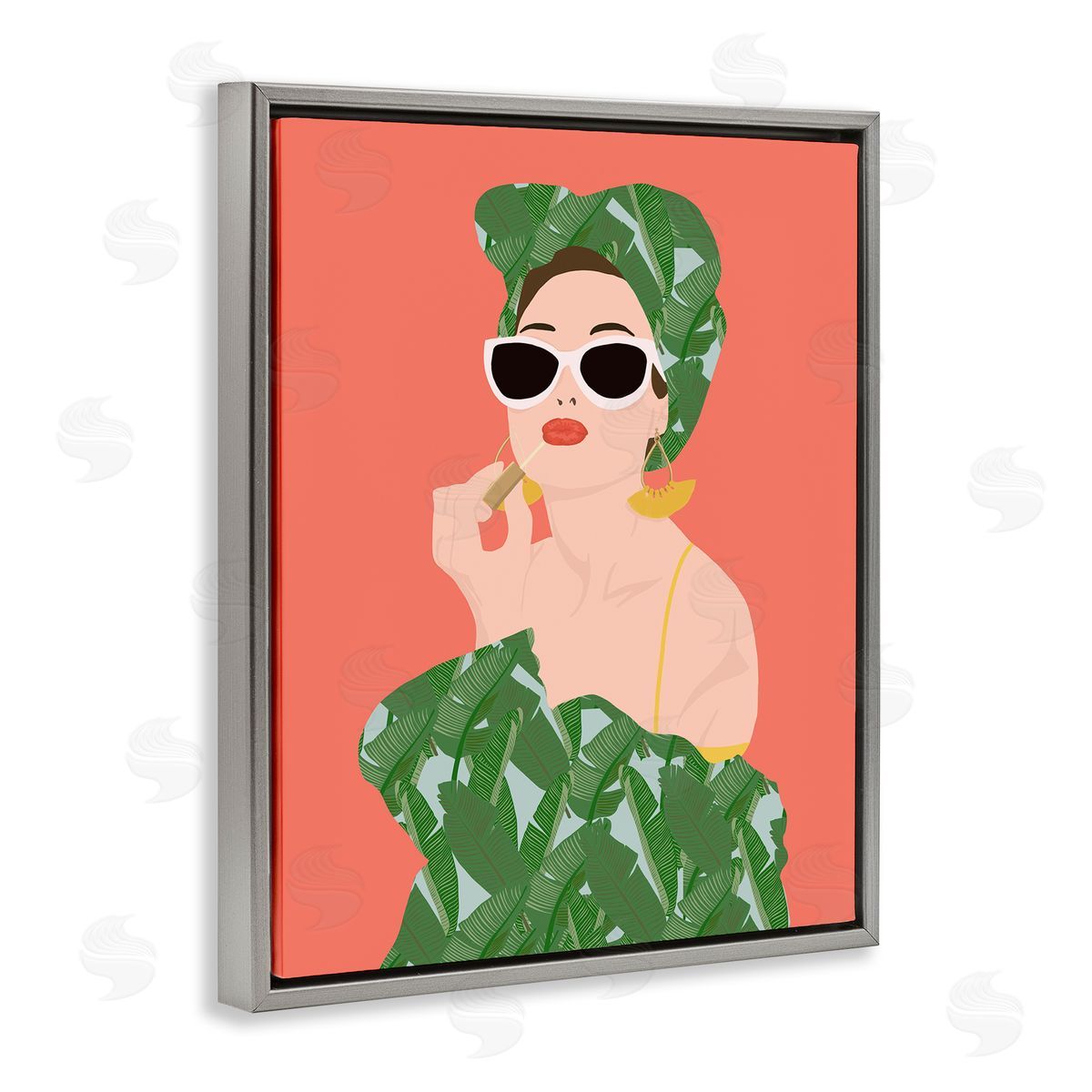 Woman in Tropical Fashion Grey Floating Frame Canvas Wall Art, Home Decor by Jen Bucheli