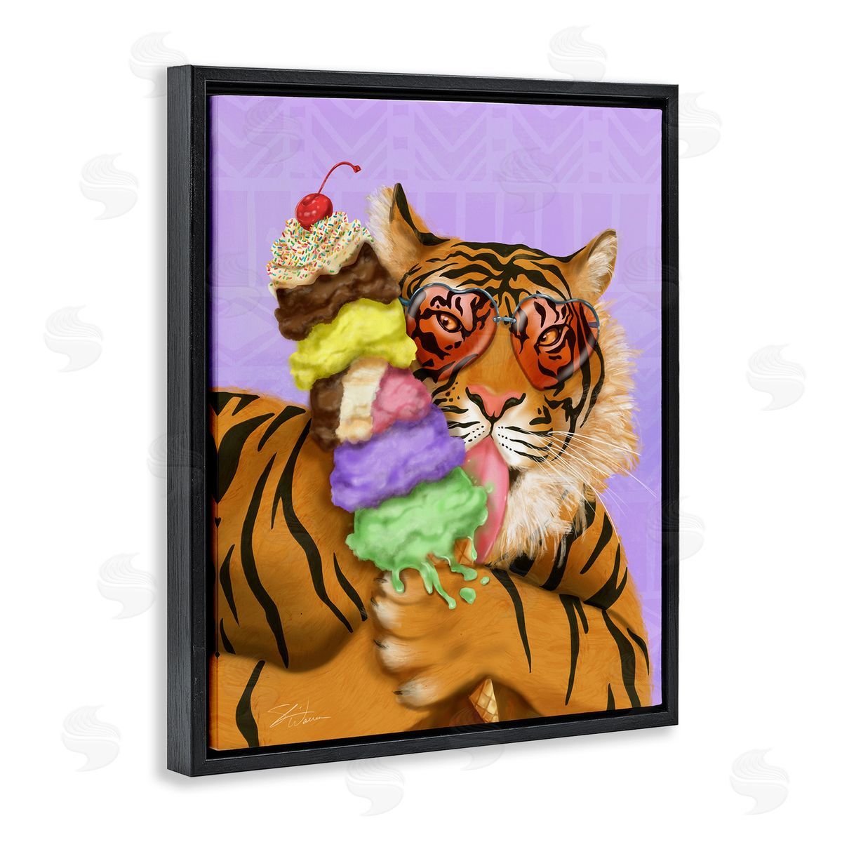 Tiger with Ice Cream Cone Black Floating Frame Canvas Wall Art, Home Decor by Shari Warren