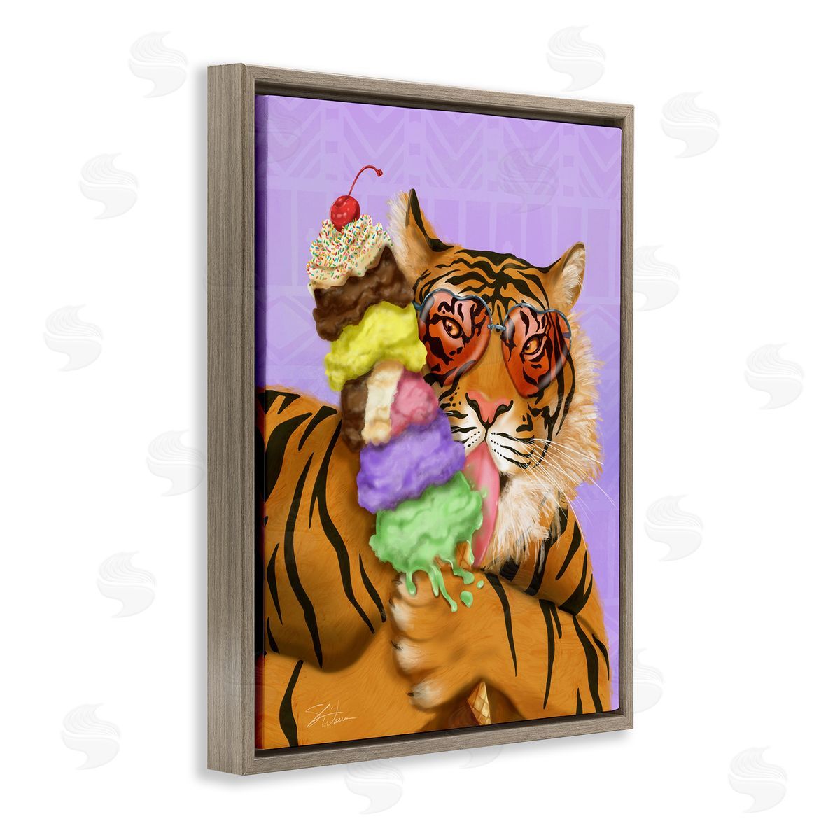 Tiger with Ice Cream Cone Brown Floating Frame Canvas Wall Art, Home Decor by Shari Warren