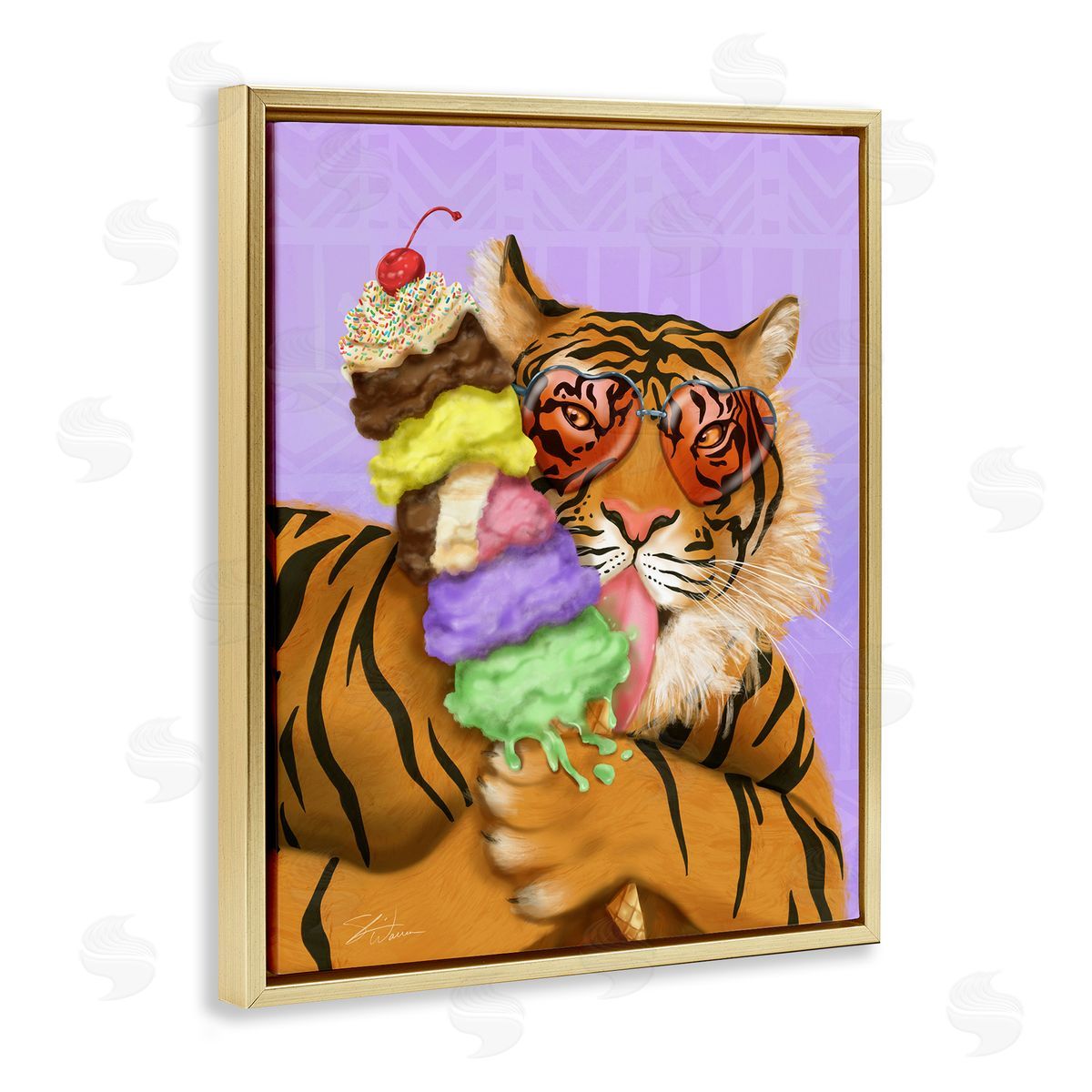 Tiger with Ice Cream Cone Gold Floating Frame Canvas Wall Art, Home Decor by Shari Warren