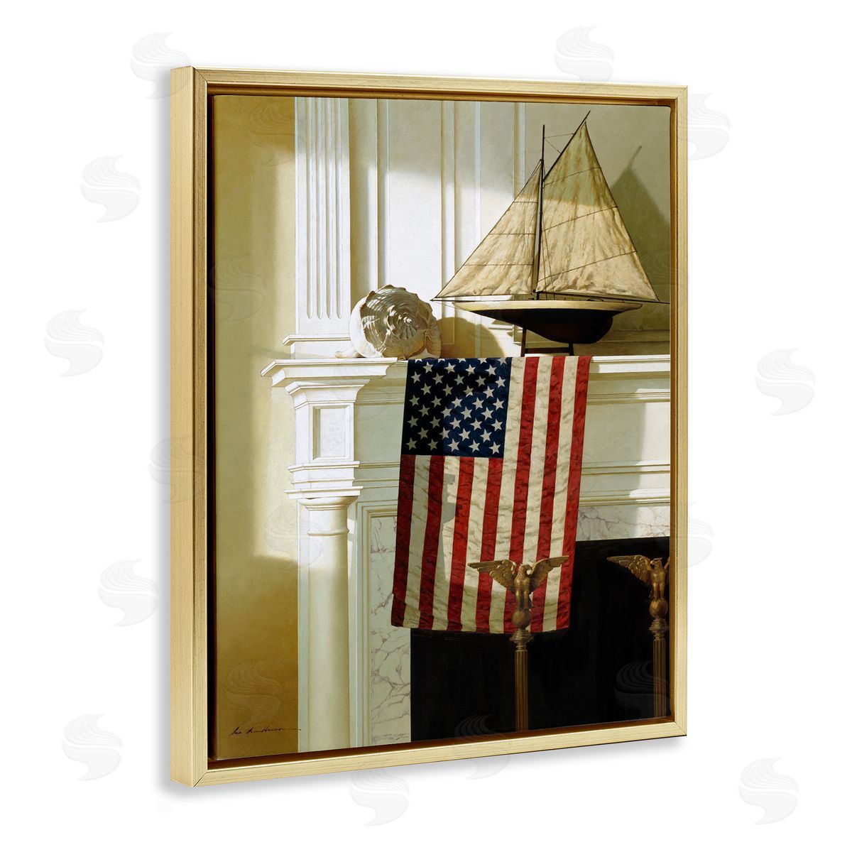 US Nautical Mantle Still-Life Gold Floating Frame Canvas Wall Art, Home Decor by Zhen-Huan Lu