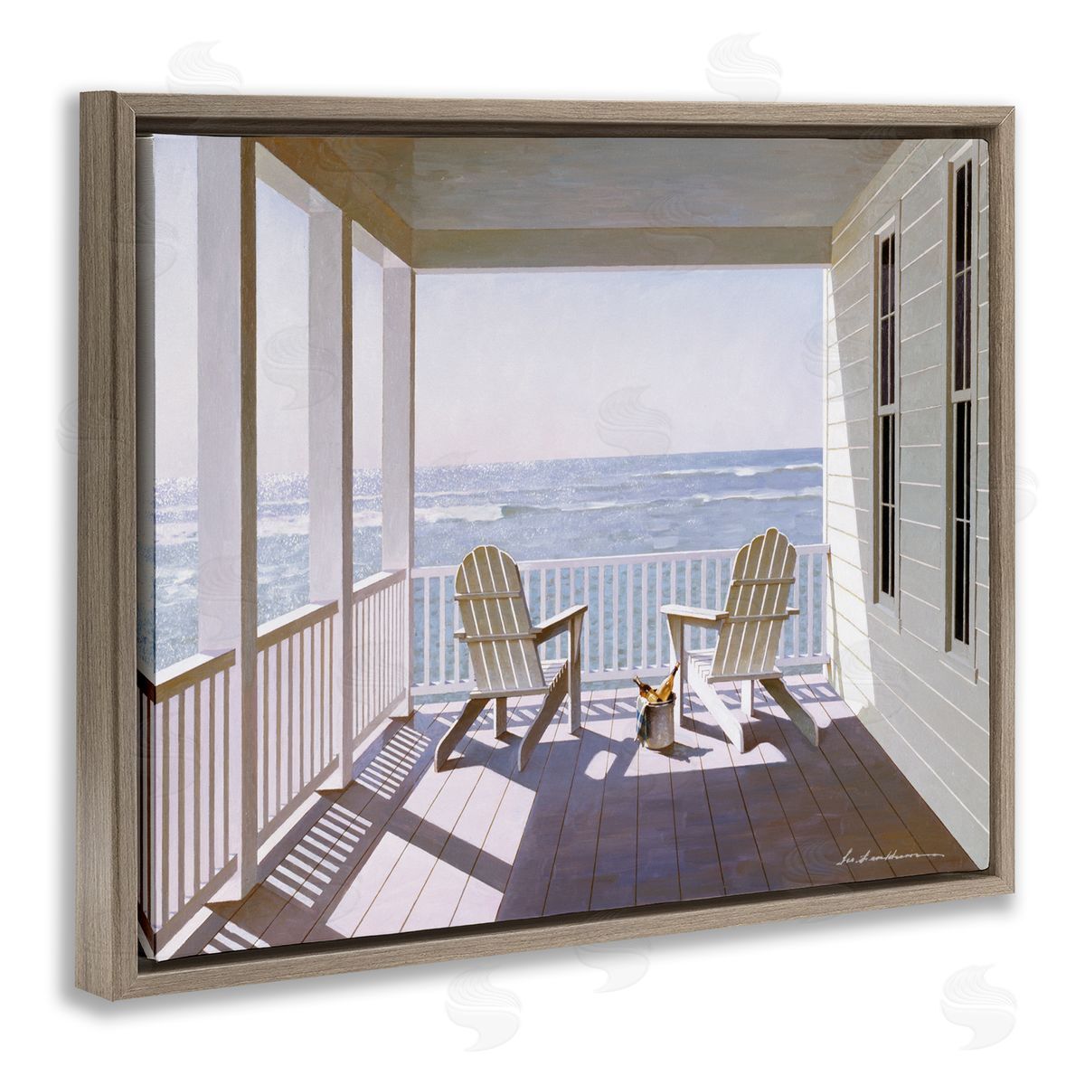 Porch Chairs Overlooking Coast Brown Floating Frame Canvas Wall Art, Home Decor by Zhen-Huan Lu