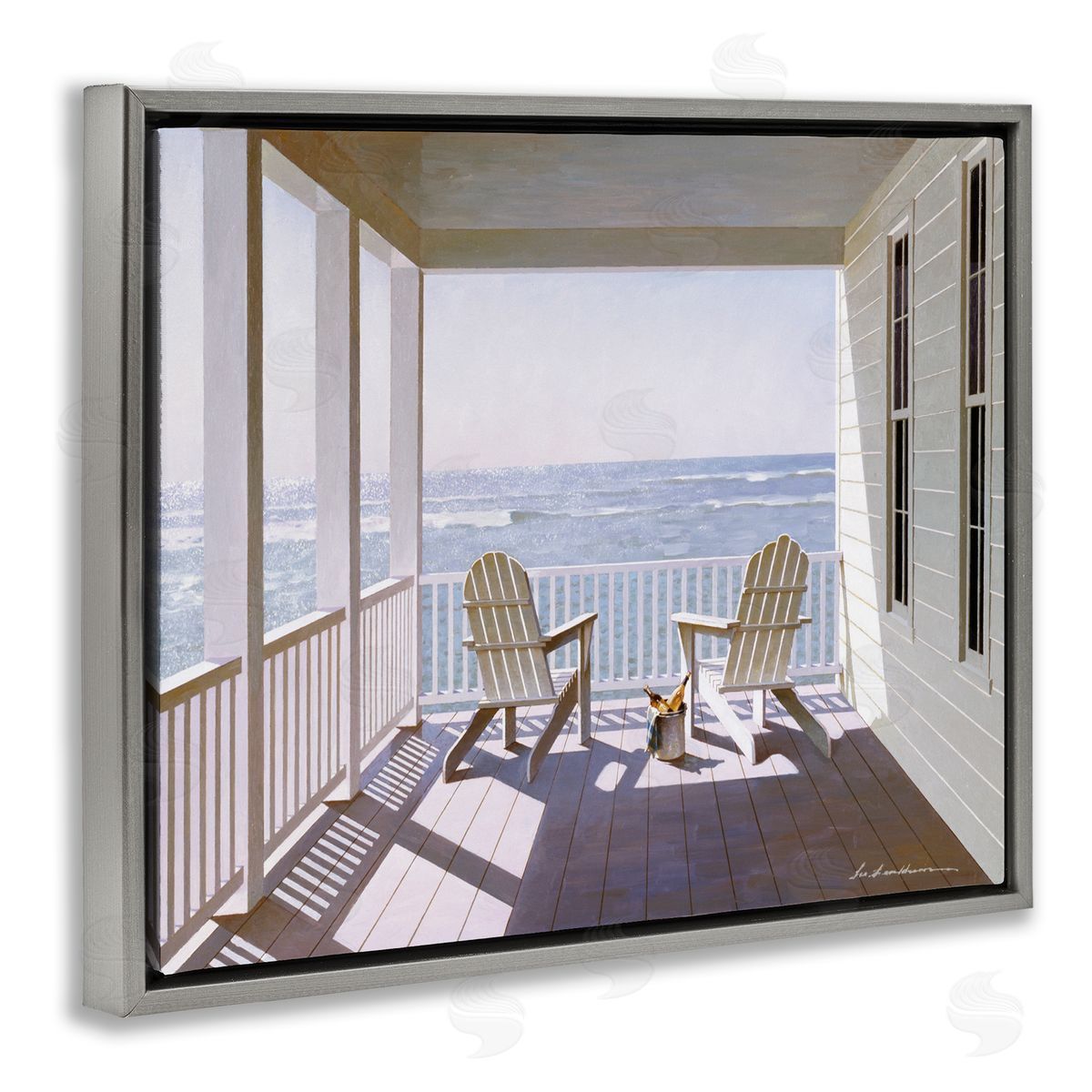 Porch Chairs Overlooking Coast Grey Floating Frame Canvas Wall Art, Home Decor by Zhen-Huan Lu
