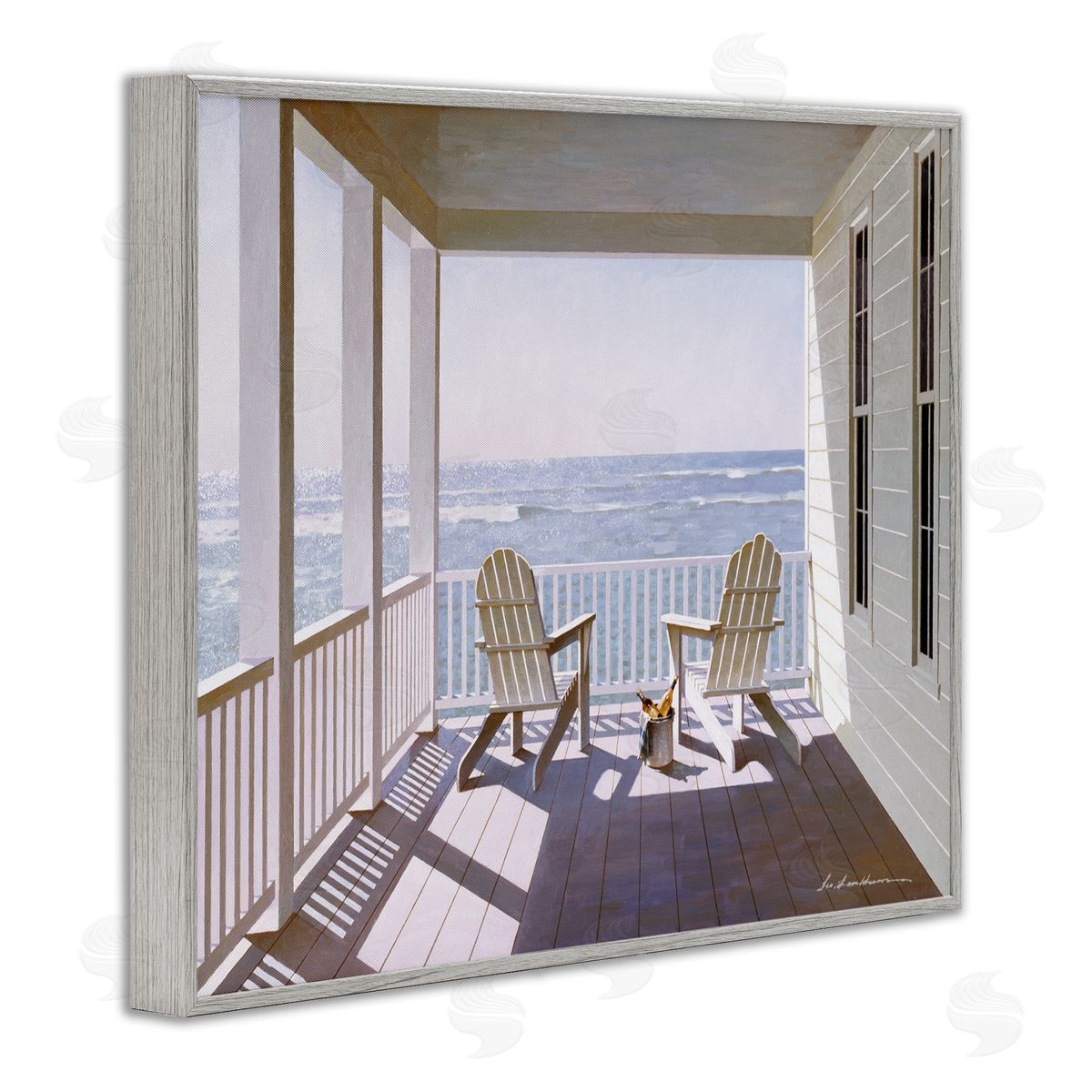 Porch Chairs Overlooking Coast Grey Frame Print Wall Art, Home Decor by Zhen-Huan Lu