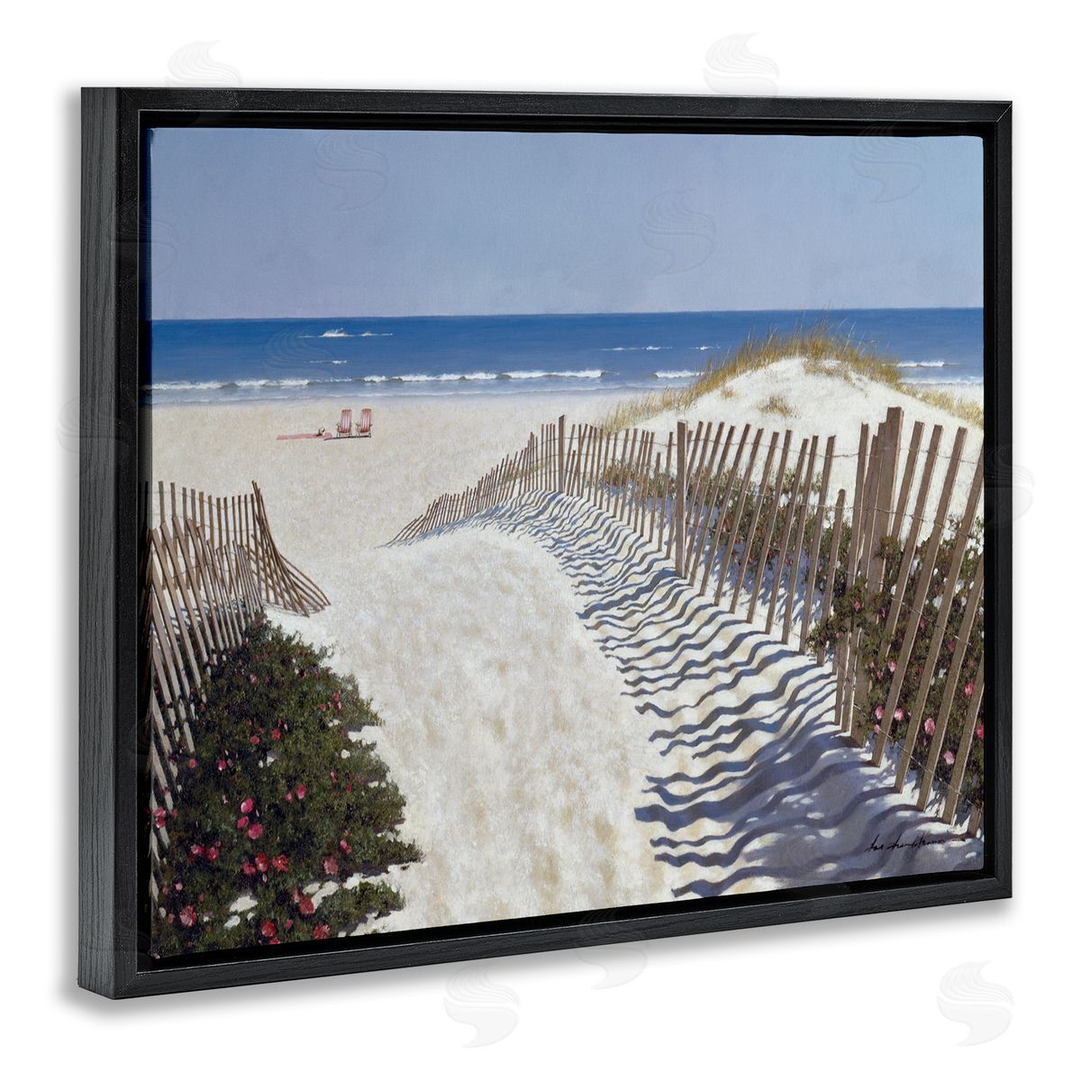 Fenced Pathway to Beach Black Floating Frame Canvas Wall Art, Home Decor by Zhen-Huan Lu