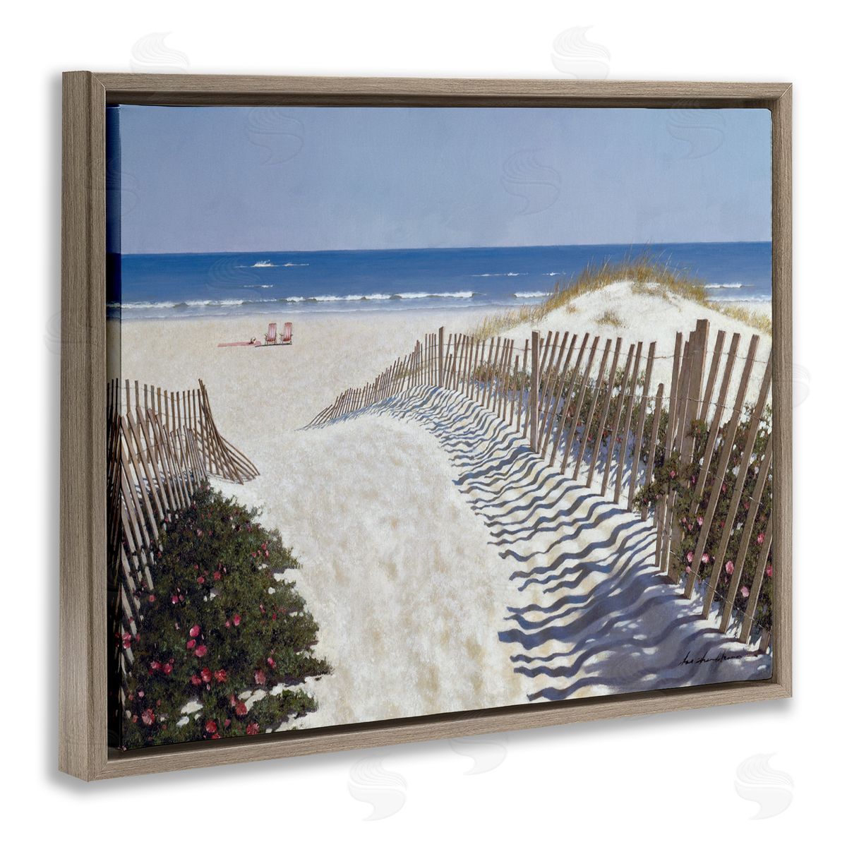 Fenced Pathway to Beach Brown Floating Frame Canvas Wall Art, Home Decor by Zhen-Huan Lu