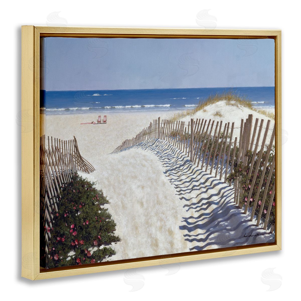 Fenced Pathway to Beach Gold Floating Frame Canvas Wall Art, Home Decor by Zhen-Huan Lu