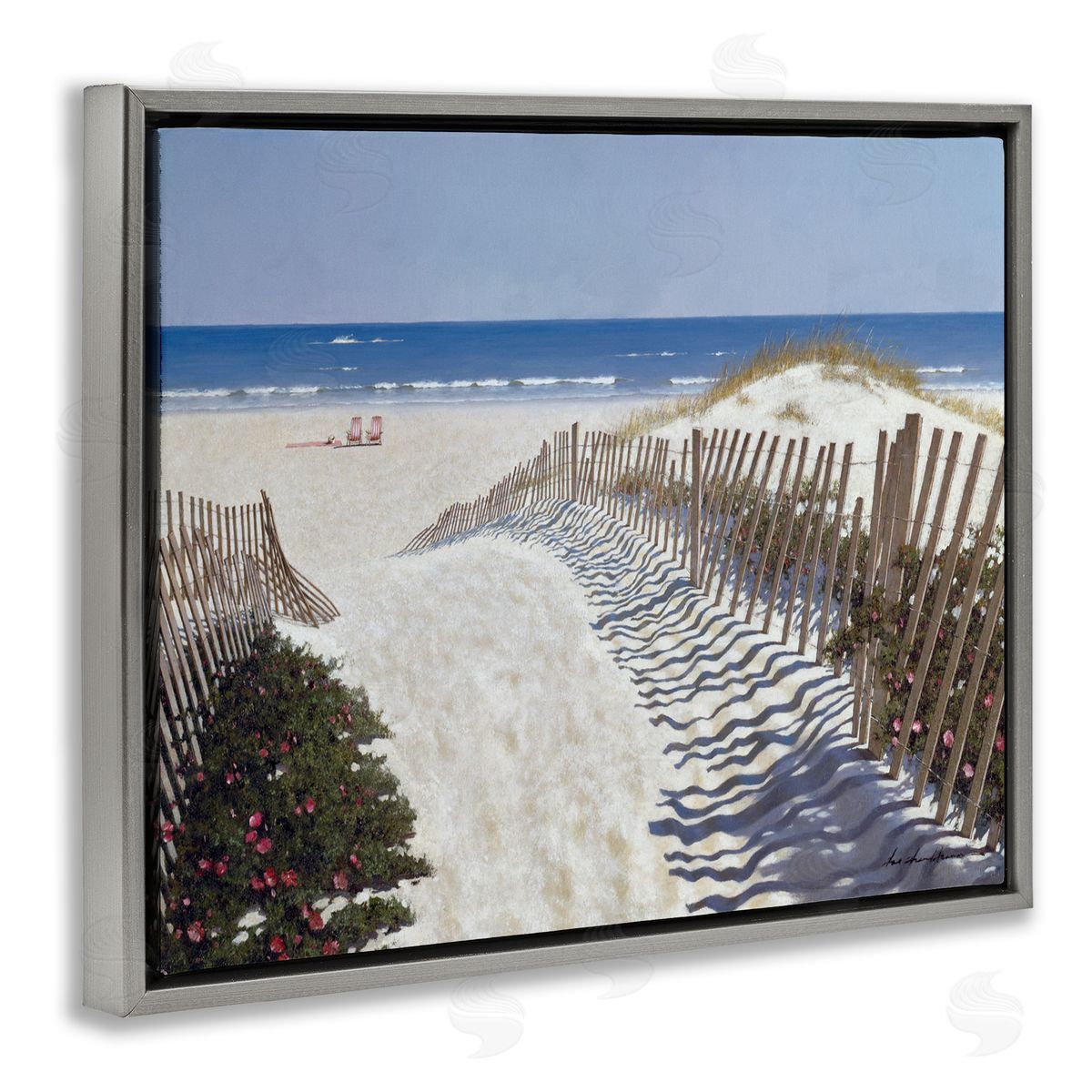 Fenced Pathway to Beach Grey Floating Frame Canvas Wall Art, Home Decor by Zhen-Huan Lu