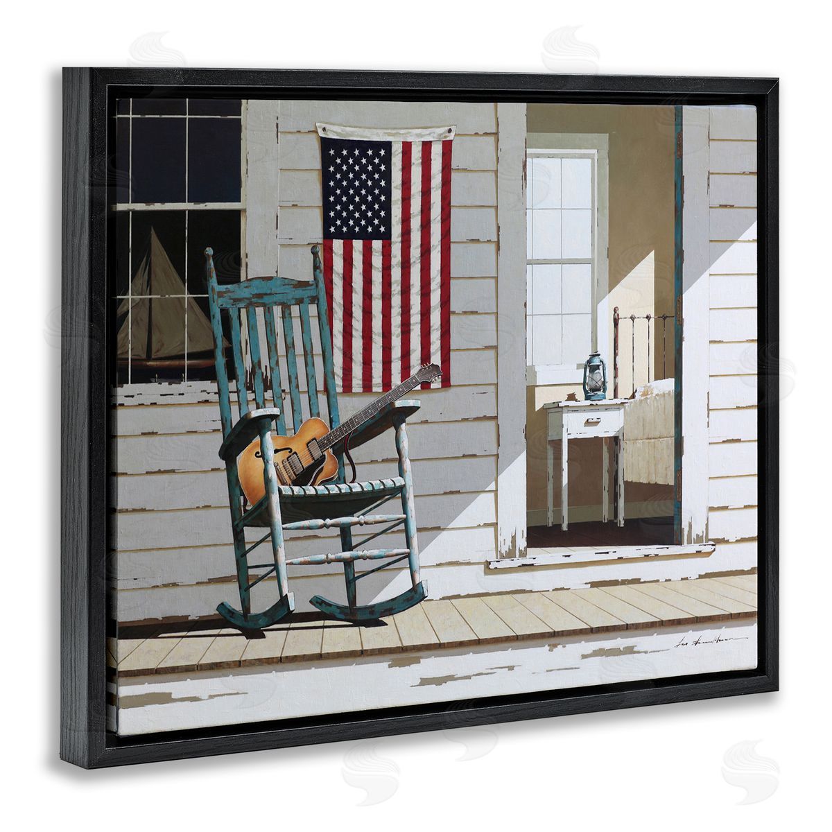 US Porch Rocker with Guitar Black Floating Frame Canvas Wall Art, Home Decor by Zhen-Huan Lu