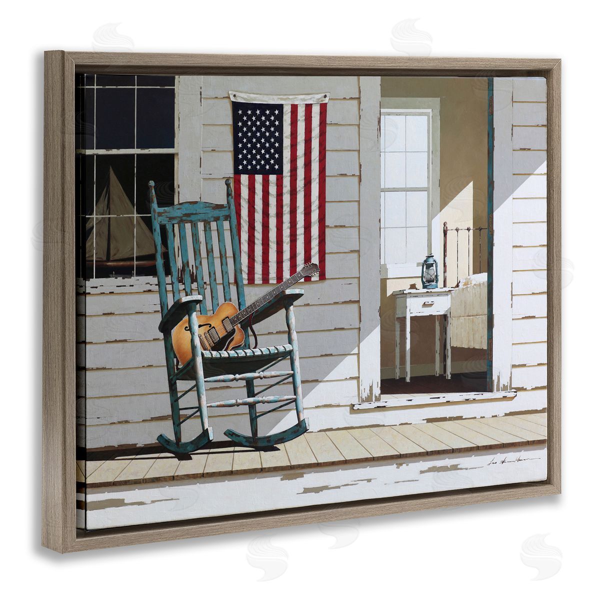 US Porch Rocker with Guitar Brown Floating Frame Canvas Wall Art, Home Decor by Zhen-Huan Lu