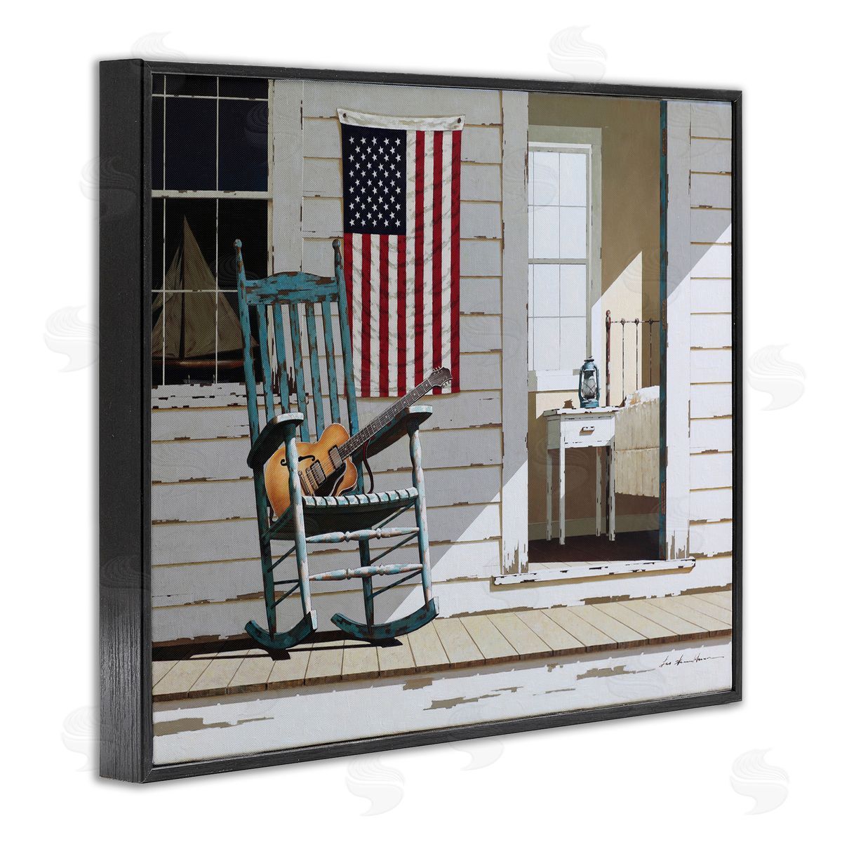 US Porch Rocker with Guitar Black Frame Print Wall Art, Home Decor by Zhen-Huan Lu