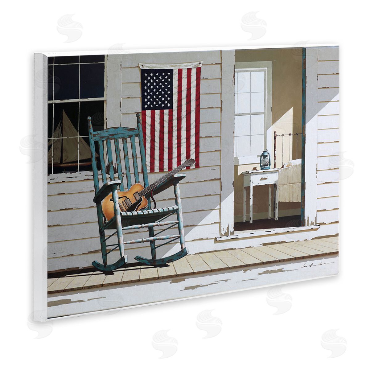 US Porch Rocker with Guitar Wood Plaque Wall Art, Home Decor by Zhen-Huan Lu