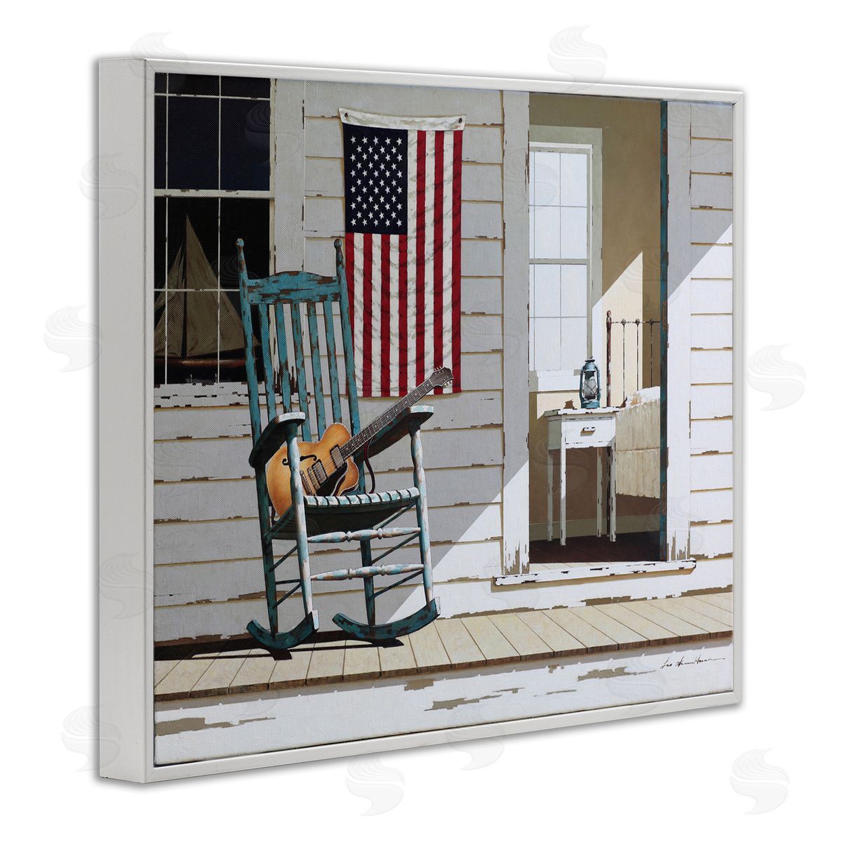 US Porch Rocker with Guitar White Frame Print Wall Art, Home Decor by Zhen-Huan Lu