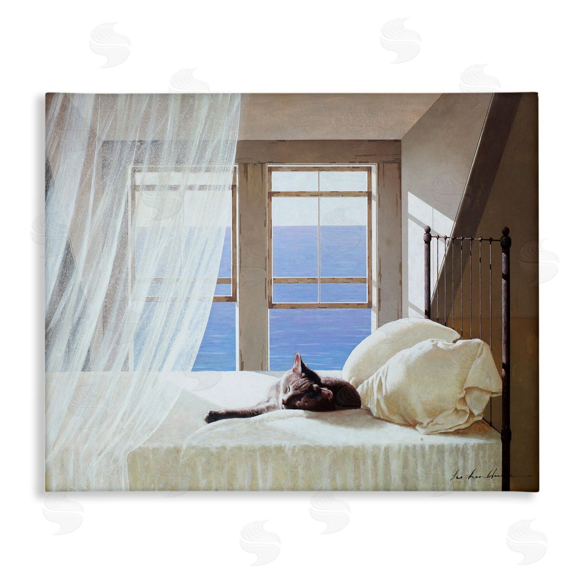 Cat Resting on Coastal Bed Canvas Wall Art, Home Decor by Zhen-Huan Lu