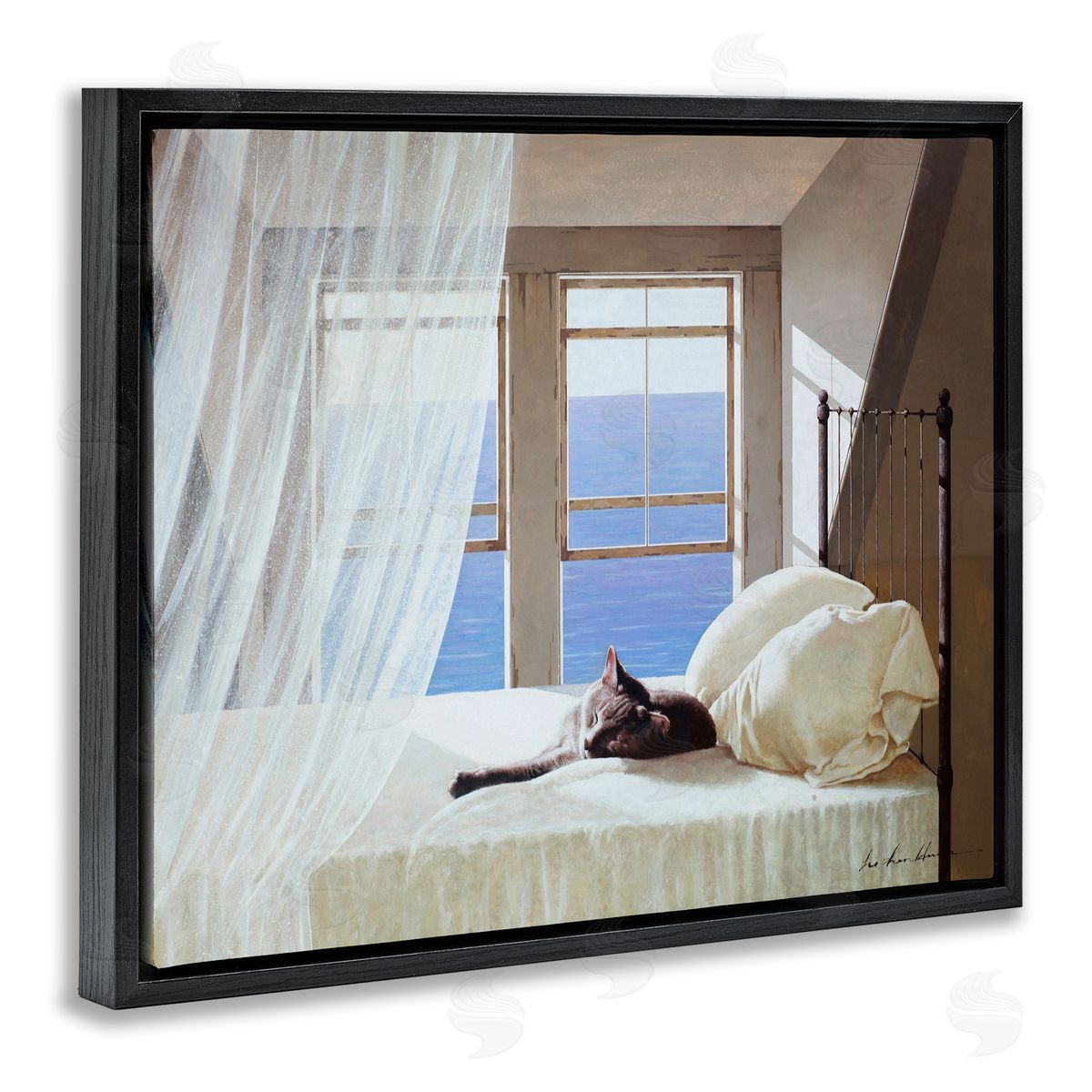 Cat Resting on Coastal Bed Black Floating Frame Canvas Wall Art, Home Decor by Zhen-Huan Lu