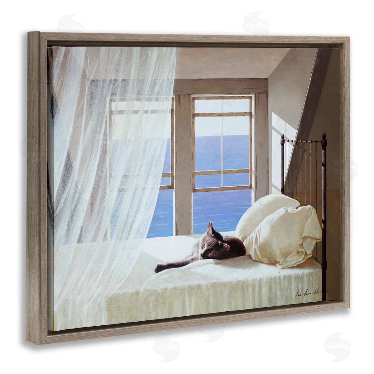 Cat Resting on Coastal Bed Brown Floating Frame Canvas Wall Art, Home Decor by Zhen-Huan Lu