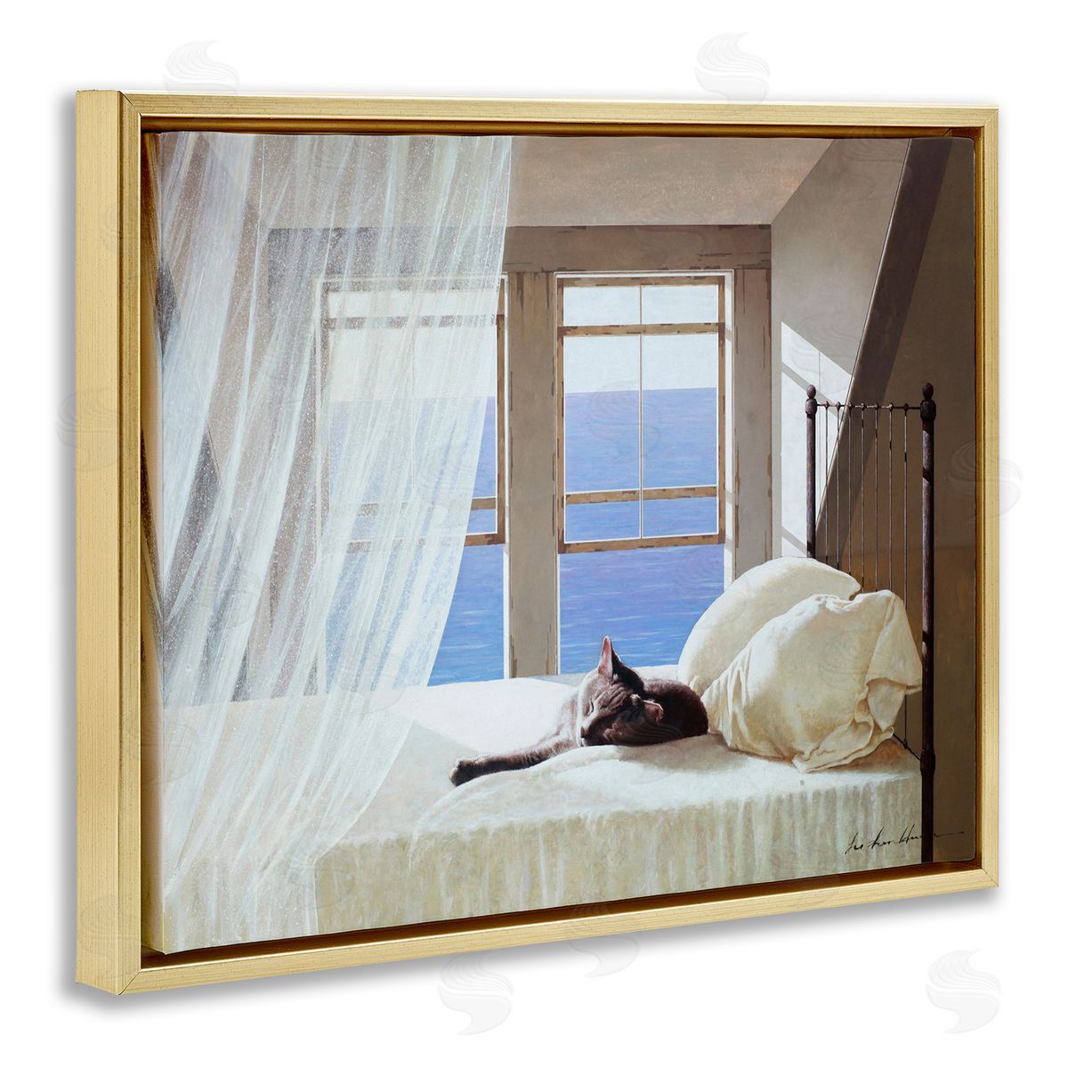 Cat Resting on Coastal Bed Gold Floating Frame Canvas Wall Art, Home Decor by Zhen-Huan Lu