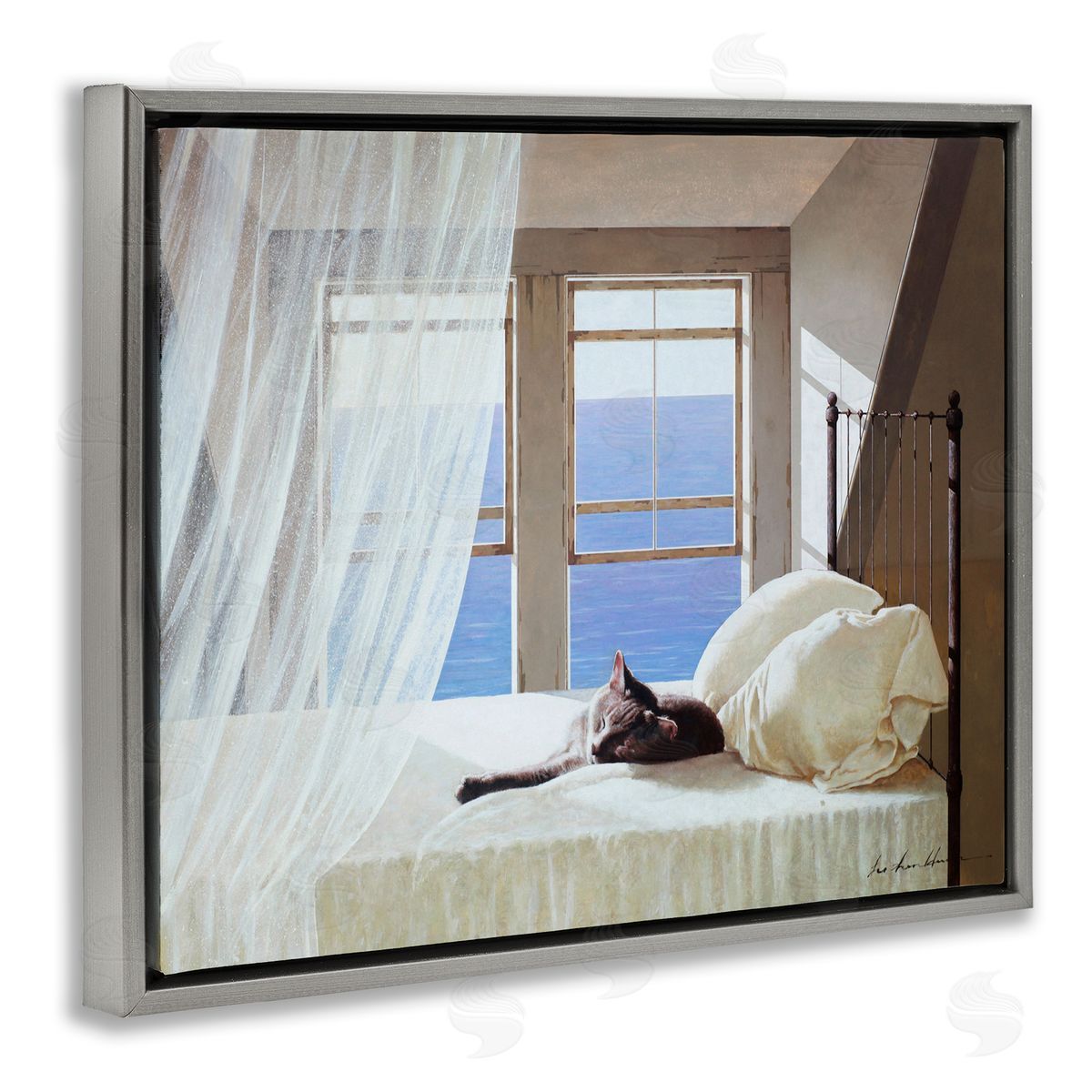 Cat Resting on Coastal Bed Grey Floating Frame Canvas Wall Art, Home Decor by Zhen-Huan Lu