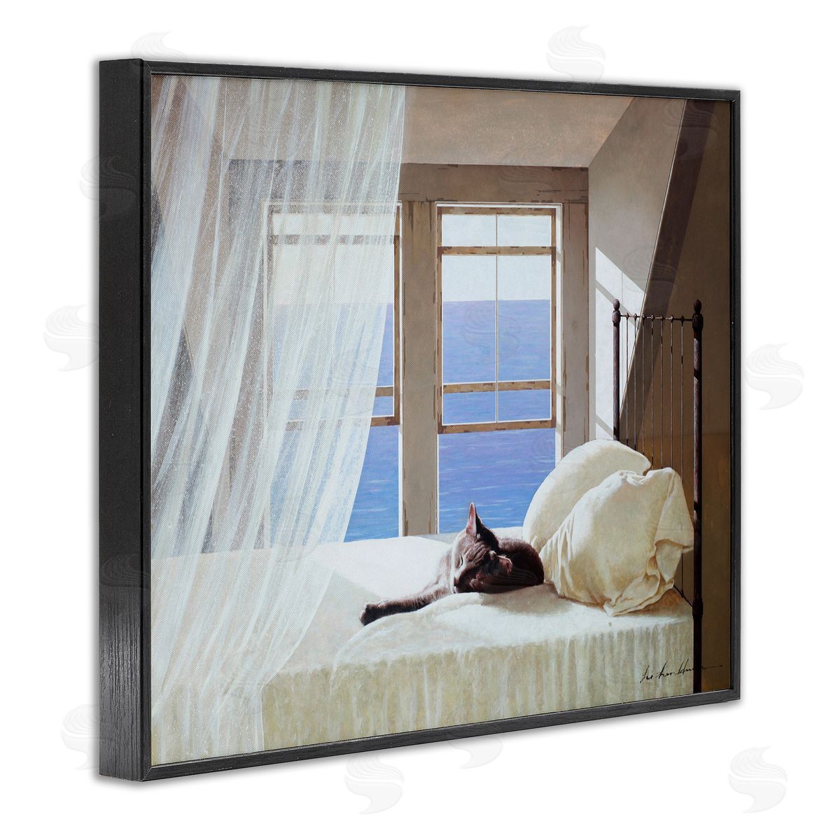 Cat Resting on Coastal Bed Black Frame Print Wall Art, Home Decor by Zhen-Huan Lu